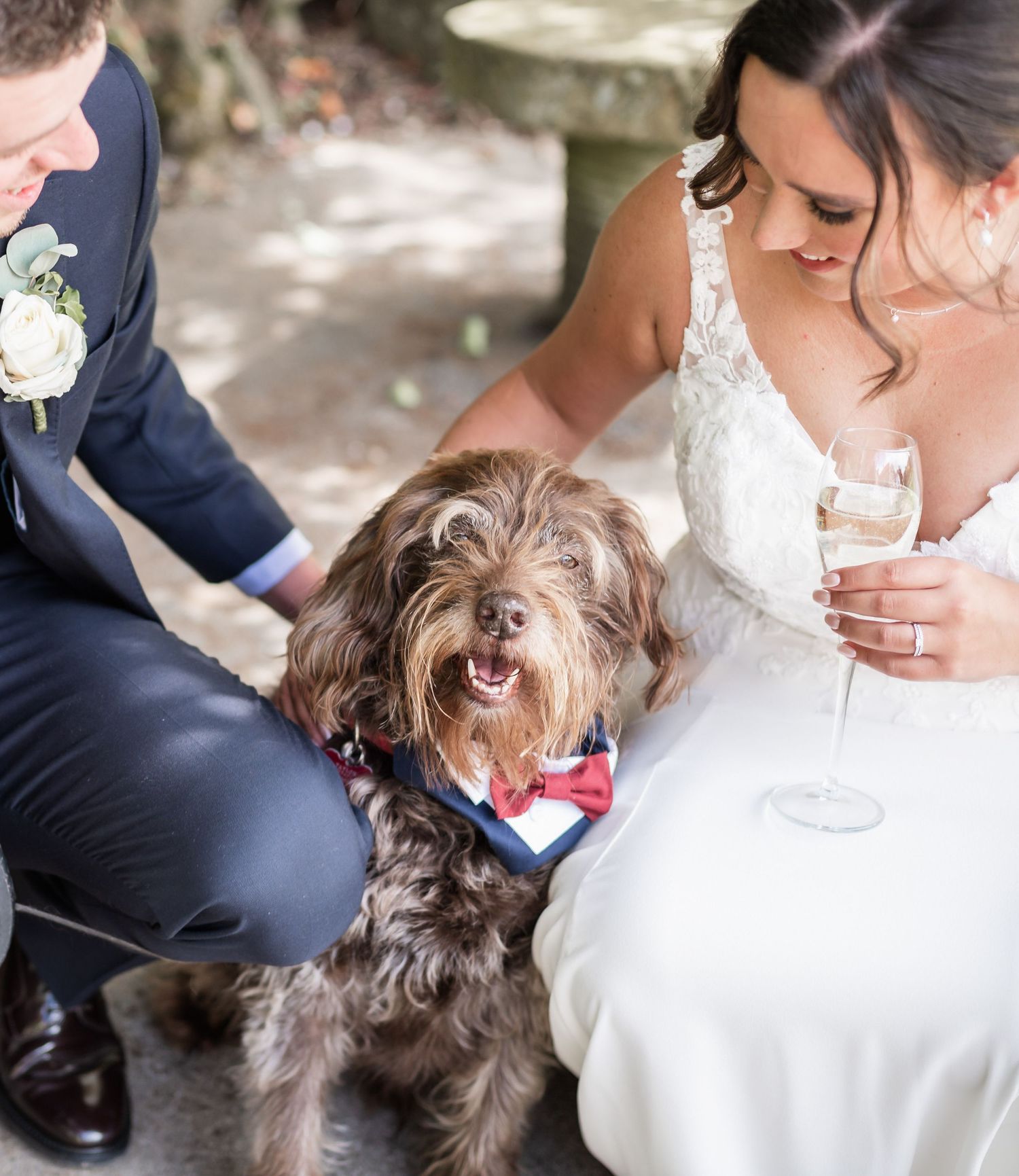 Happy dog wearing bow tie poses with wedding couple during outdoor photos.