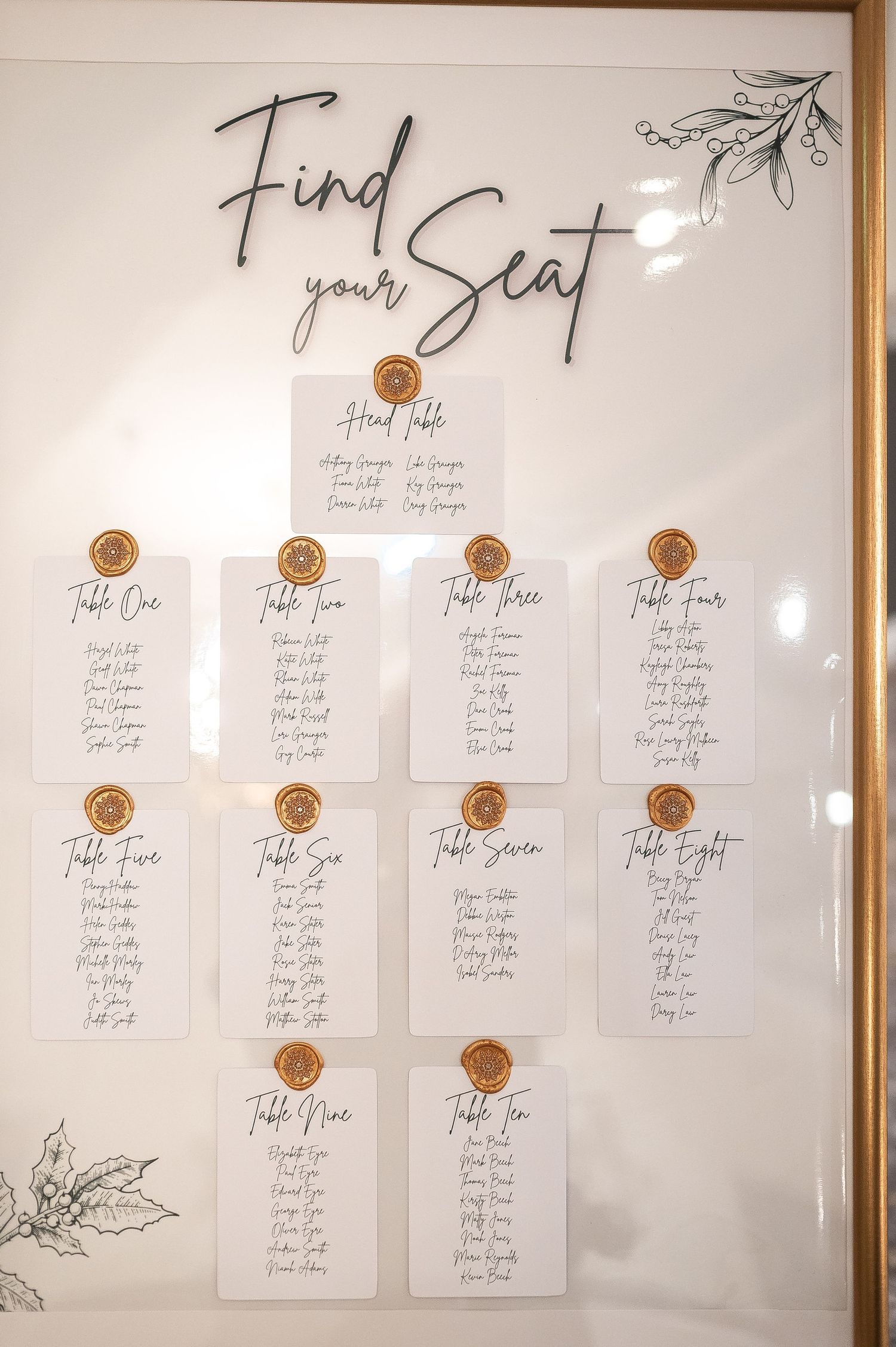 Elegant wedding seating chart display with handwritten table assignments and delicate floral accents in the corners.