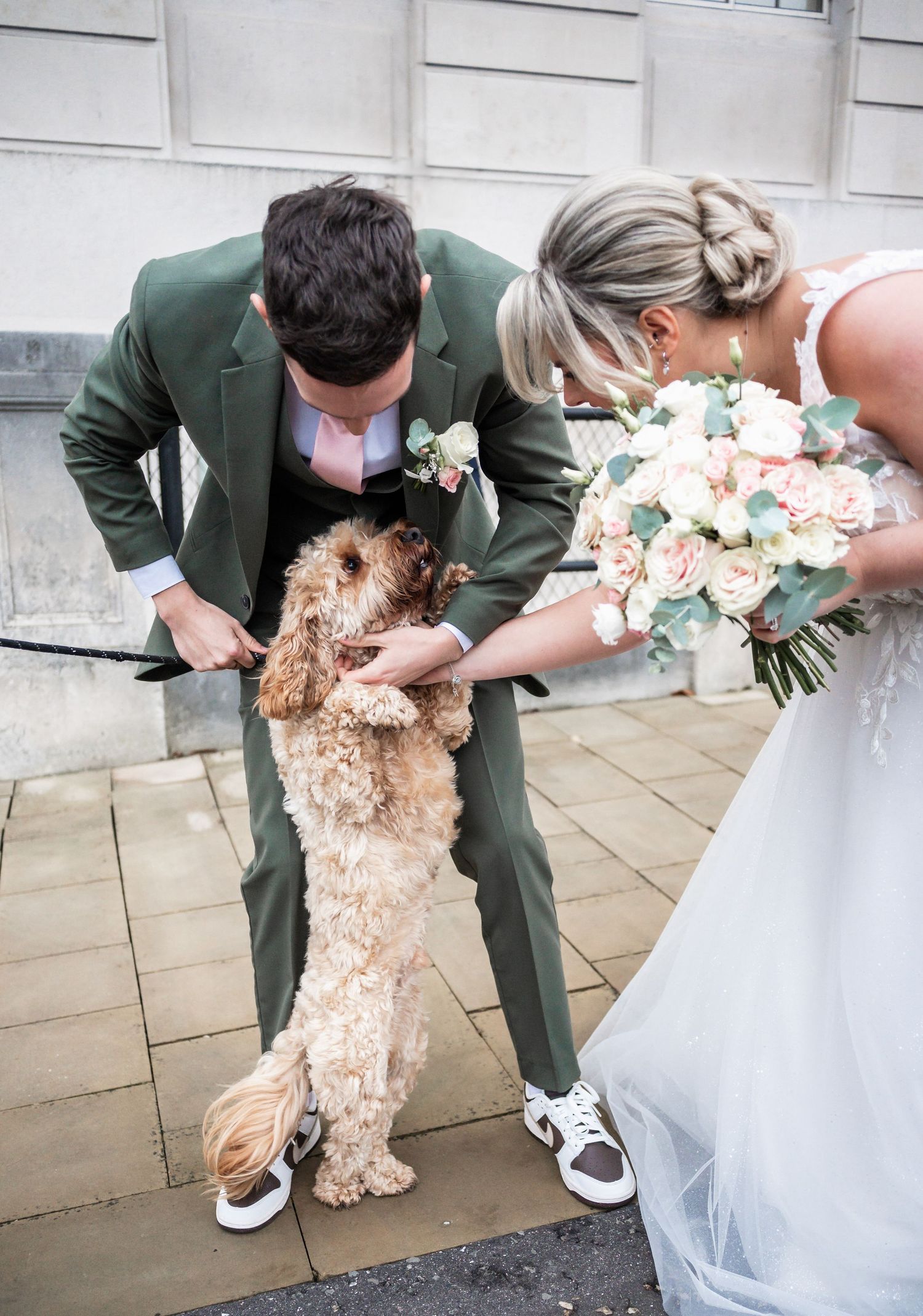 A curly-haired dog greets the newlyweds outside the wedding venue.