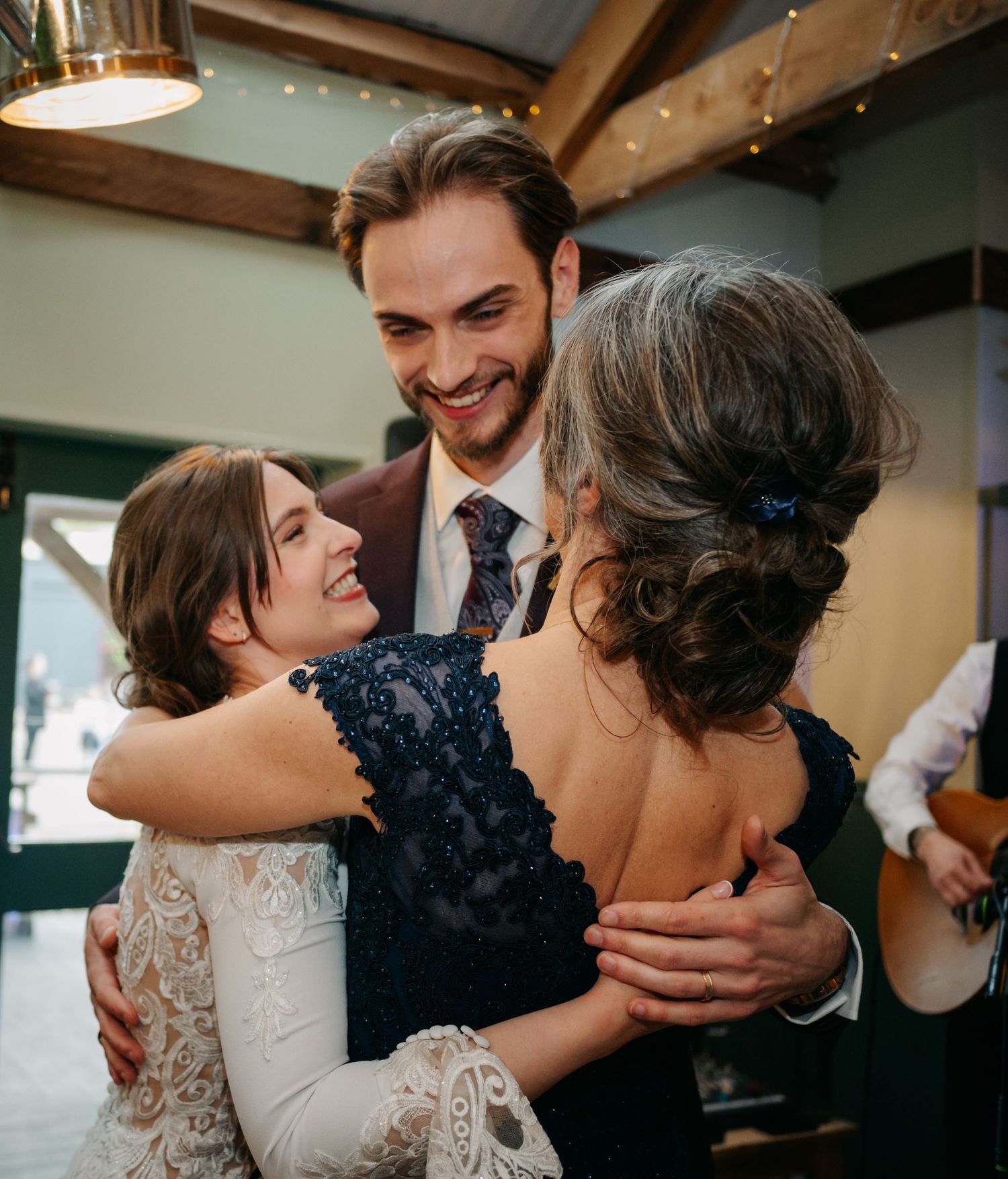 Romantic wedding couple shares intimate moments in a sequence of candid photos showing affection and joy.
