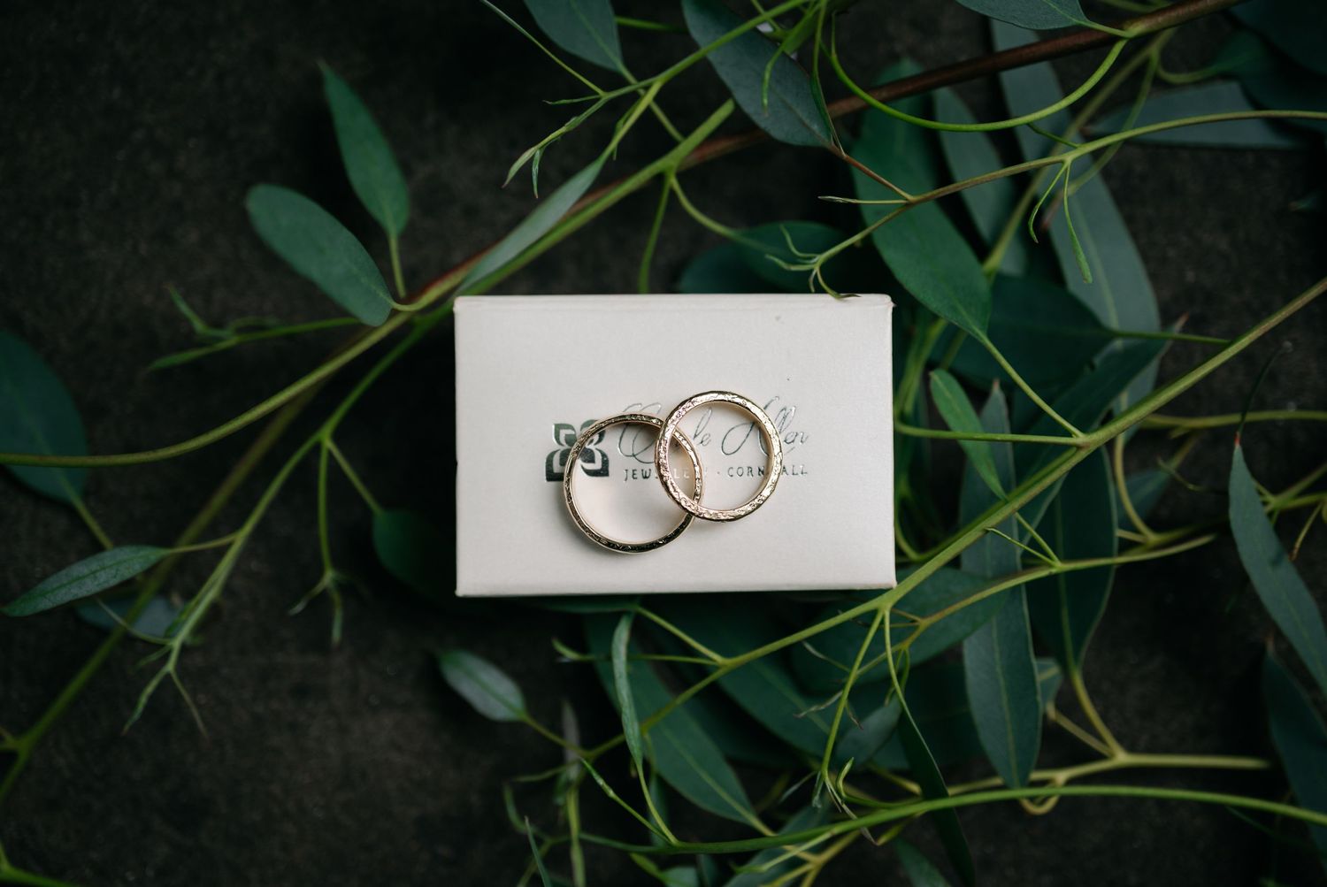 Wedding rings displayed on a white surface surrounded by green eucalyptus leaves and natural foliage.