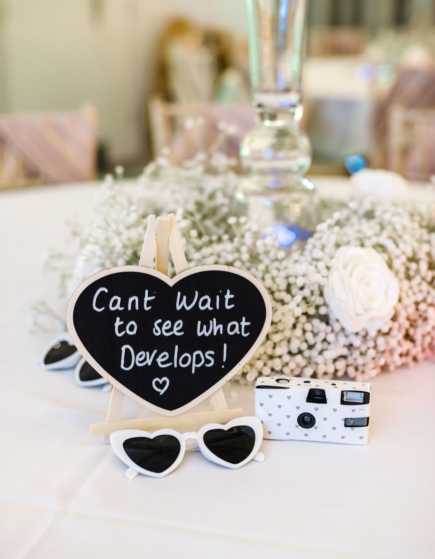 Wedding reception table decor with heart shaped sign, disposable camera and baby's breath flowers.