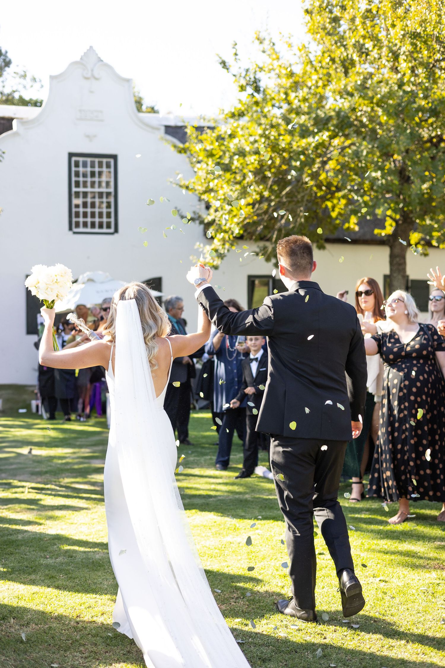 Newlyweds celebrate with guests outside white Cape Dutch style building on sunny day.