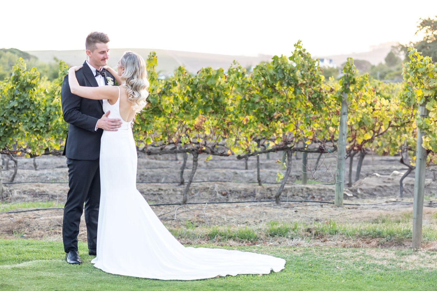Elegant wedding couple poses in vineyard with bride's dress trailing behind.