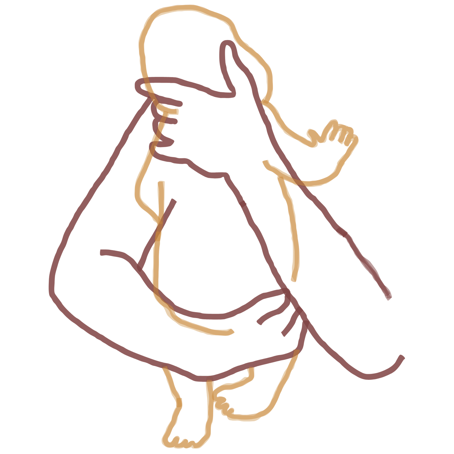 Minimalist line art of a person in a crouching position drawn in brown and tan colors.