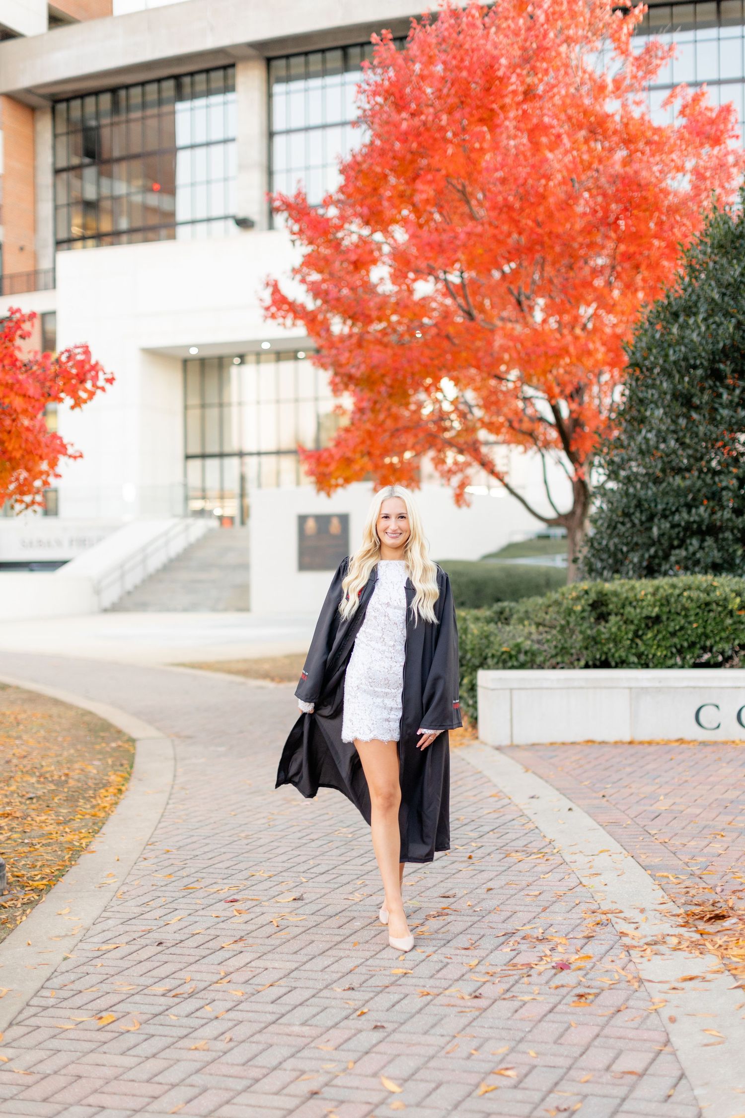 A series of fashion photos showing a leather jacket and white blouse outfit against vibrant red autumn trees and brick walkway.