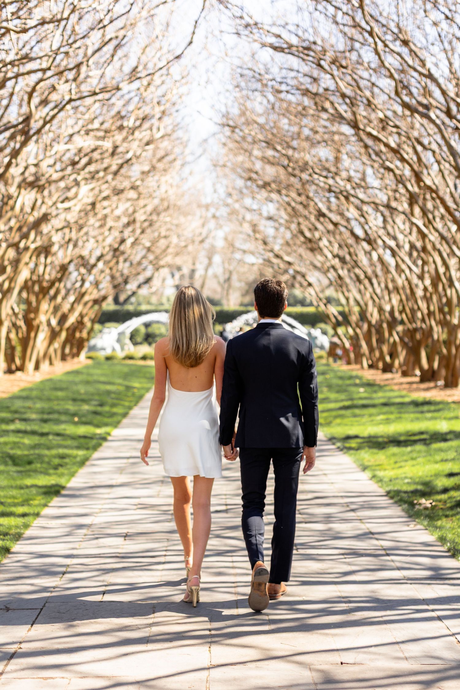 A couple walks together along a tree-lined path on a sunny spring day, photographed from behind.