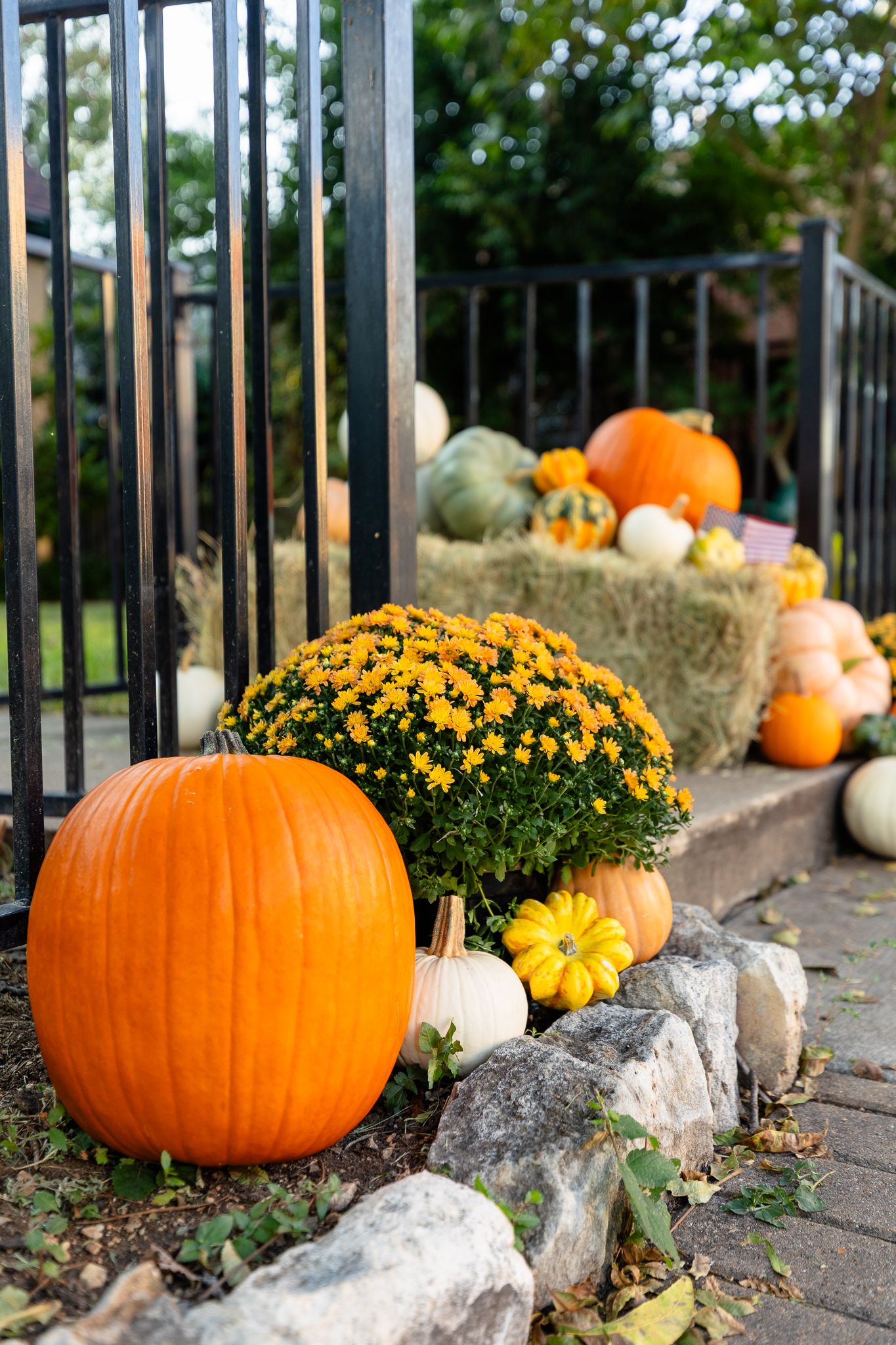 Orange pumpkins and yellow mums create a festive fall display along a wrought iron fence with stone accents.
