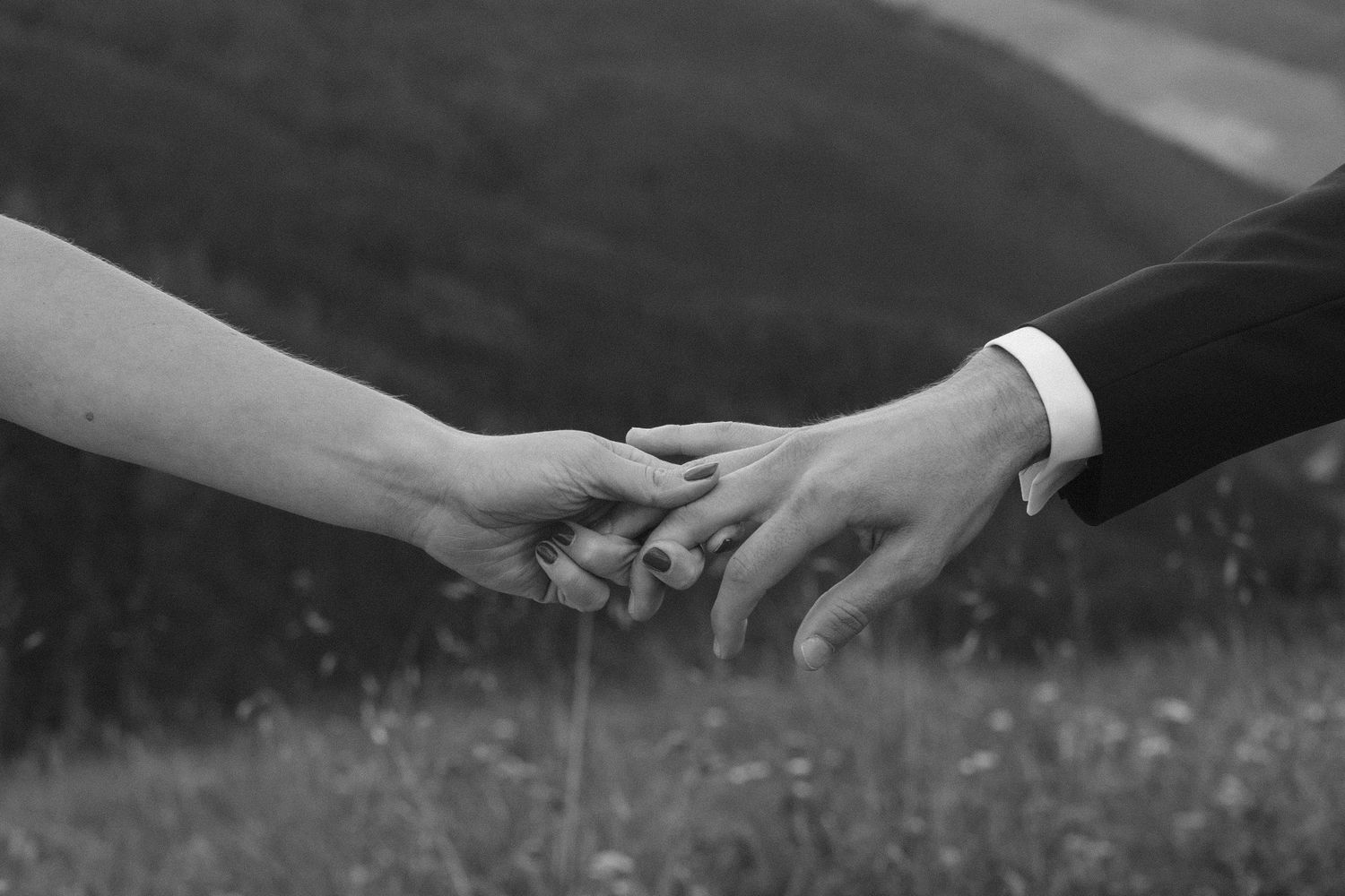 Two hands tenderly reaching towards each other in a romantic black and white photo taken in a meadow.