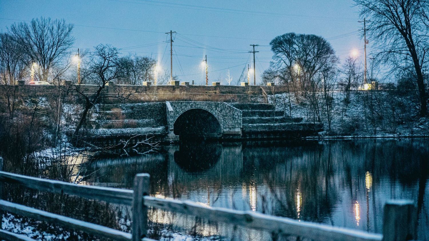 Landscape photography of Michigan lake and bridge.