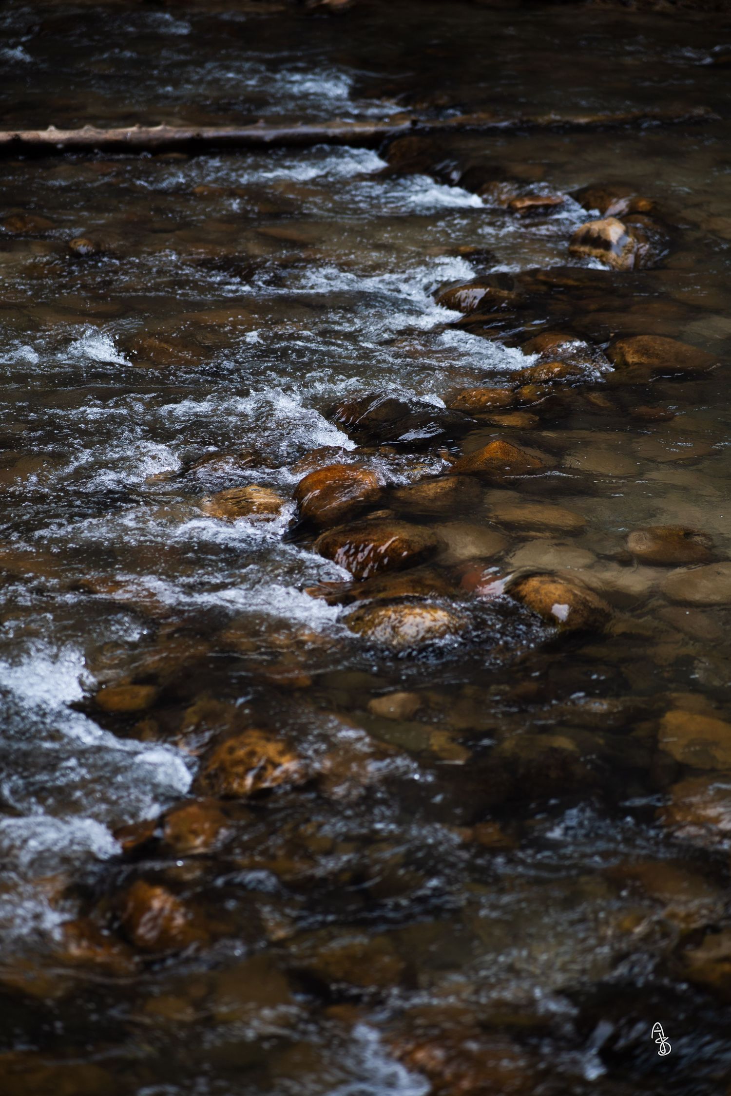 Water rippling against rocks.