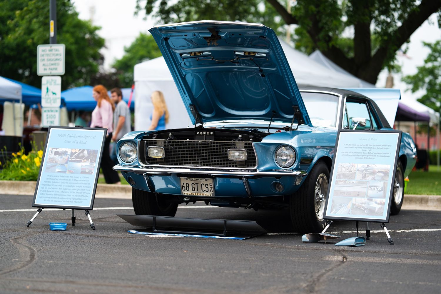 A row of classic Mustang cars lined up at an outdoor car show with informational signs displayed nearby.