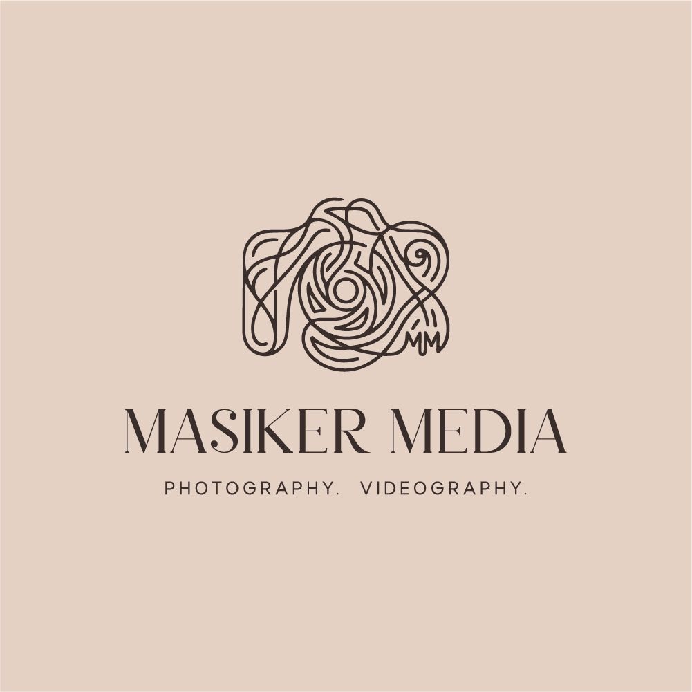 Masiker Media logo featuring an artistic camera design with swirling lines, photography and videography branding on beige background.