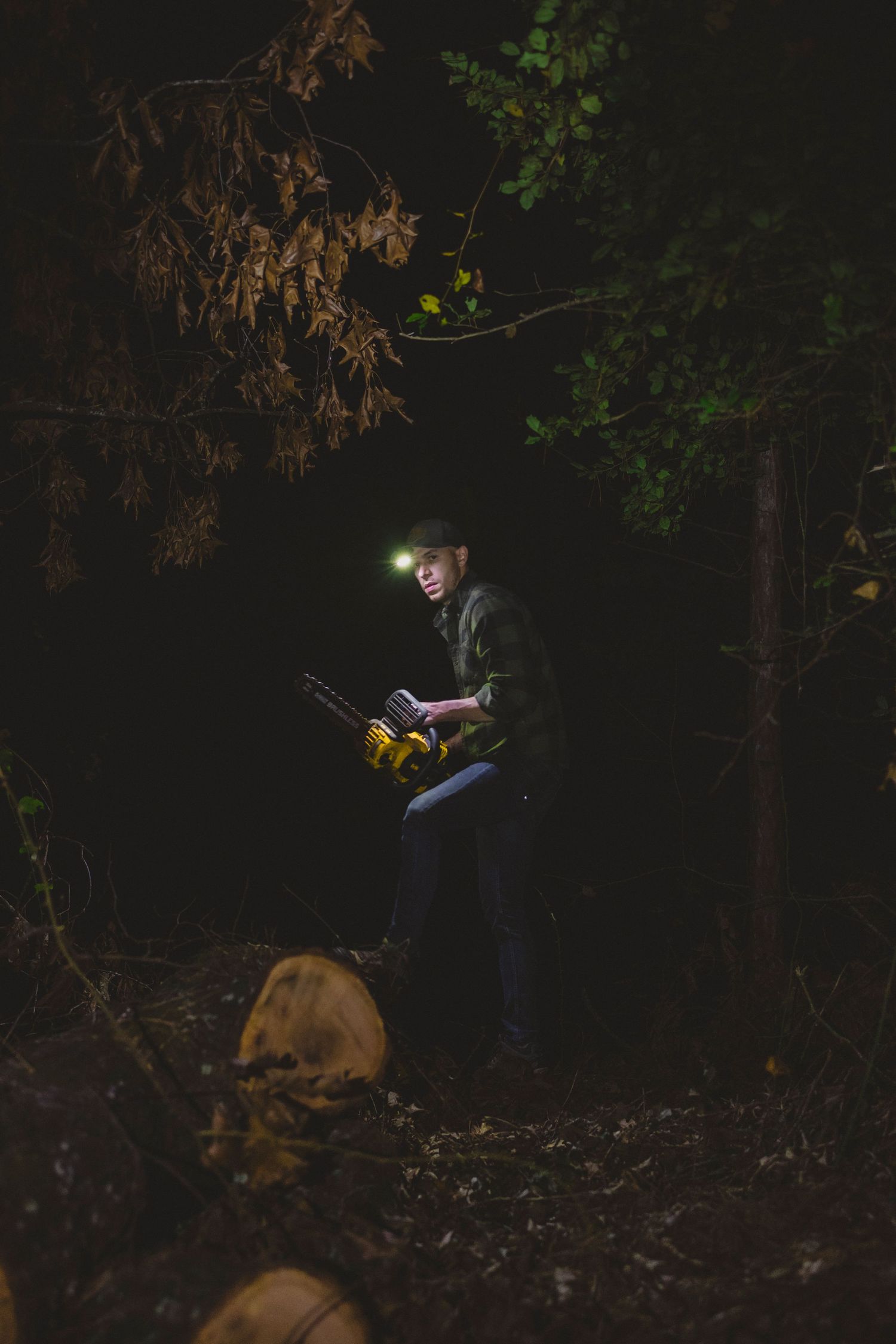 Nighttime scene of people fishing with headlamps visible in the darkness among trees.