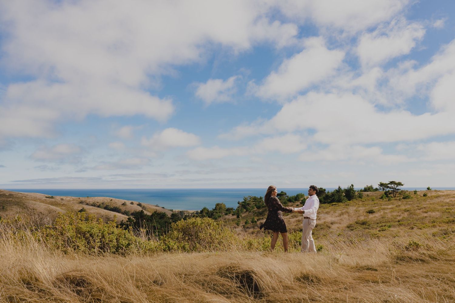Couple holding hands on a golden grassy hillside with ocean views and blue sky backdrop.