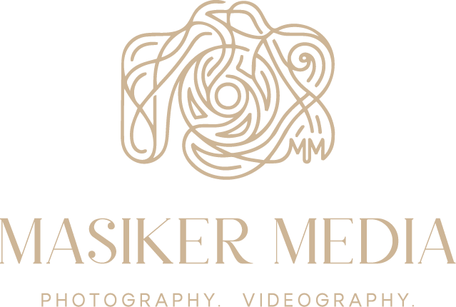 Masiker Media logo featuring elegant gold rose camera design with photography and videography text below.