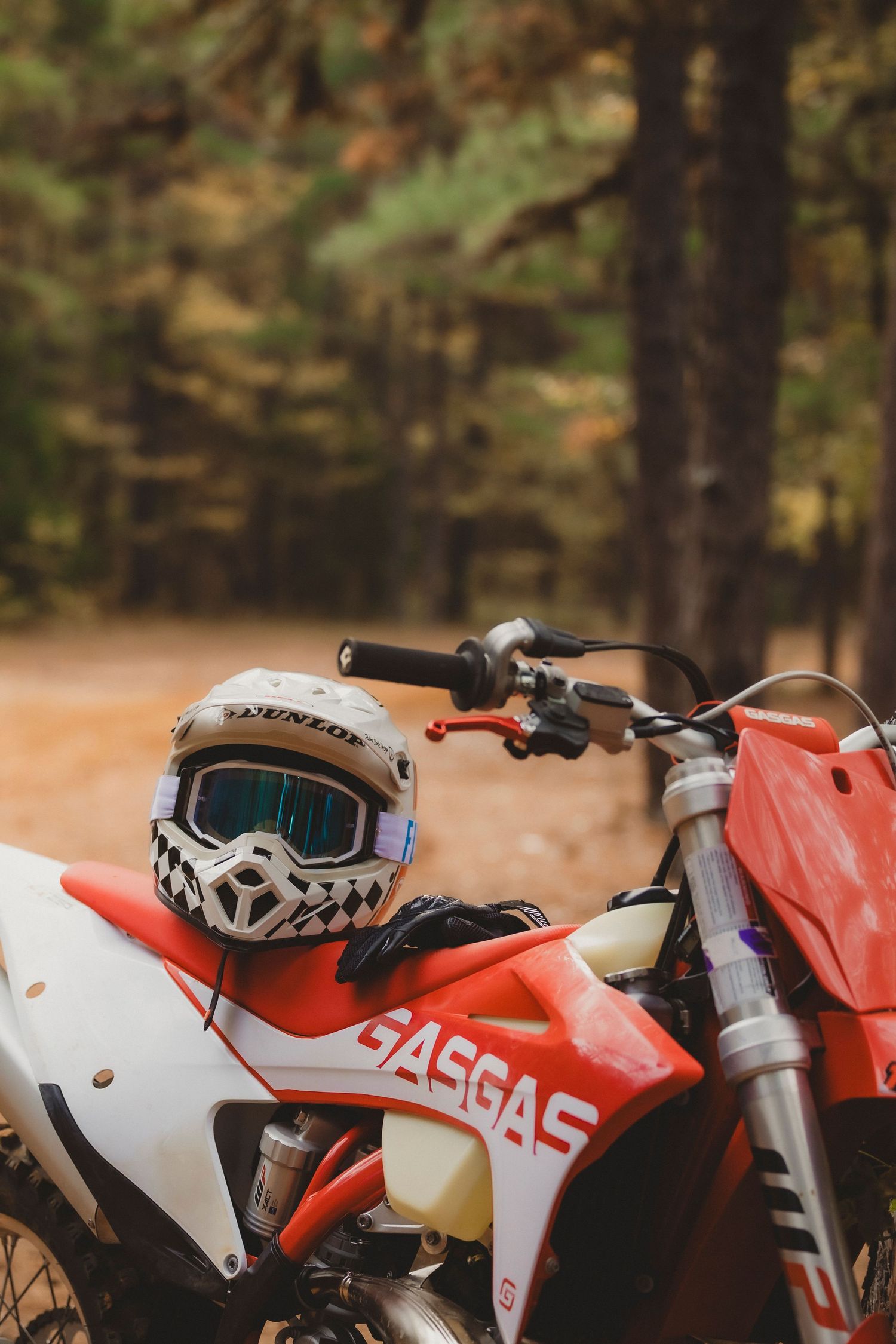 Row of red and white Gas motorcycles parked in a forest setting.