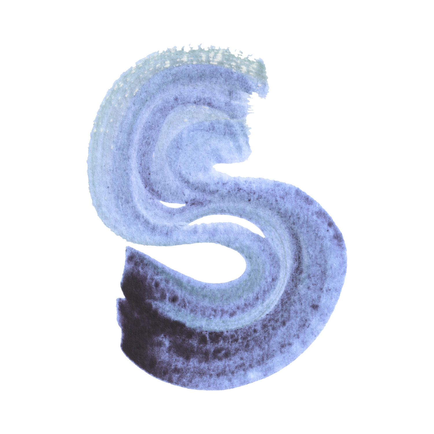 Artistic swirling pattern in blue and purple watercolor paint with a flowing S-shaped design against white background.