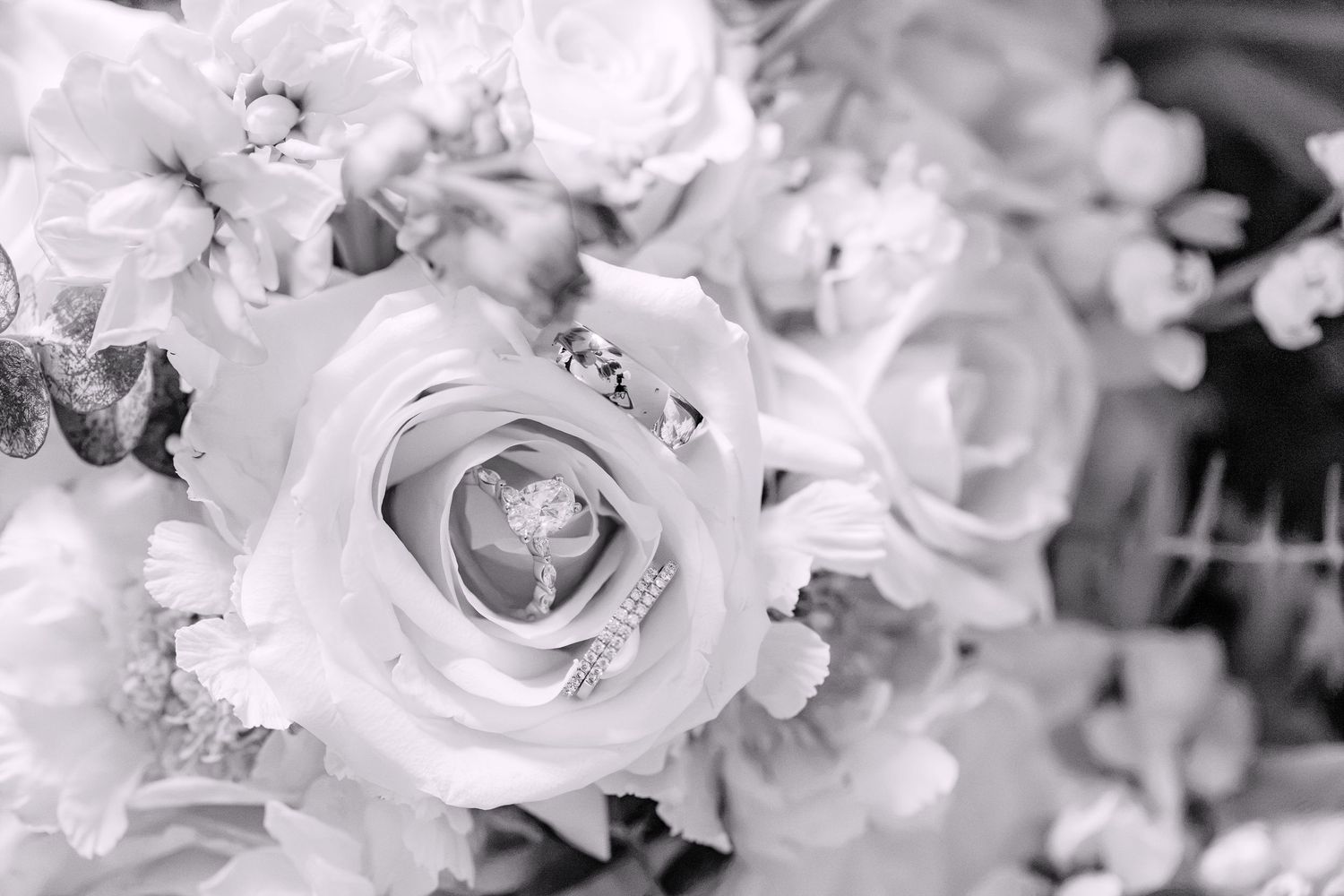 Black and white photo of diamond wedding rings resting in a white rose bouquet.