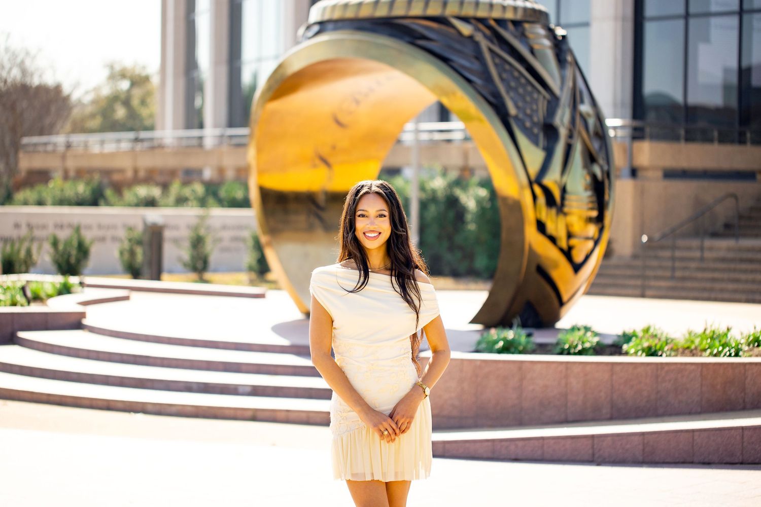 Modern architectural elements frame a series of casual outdoor portraits.