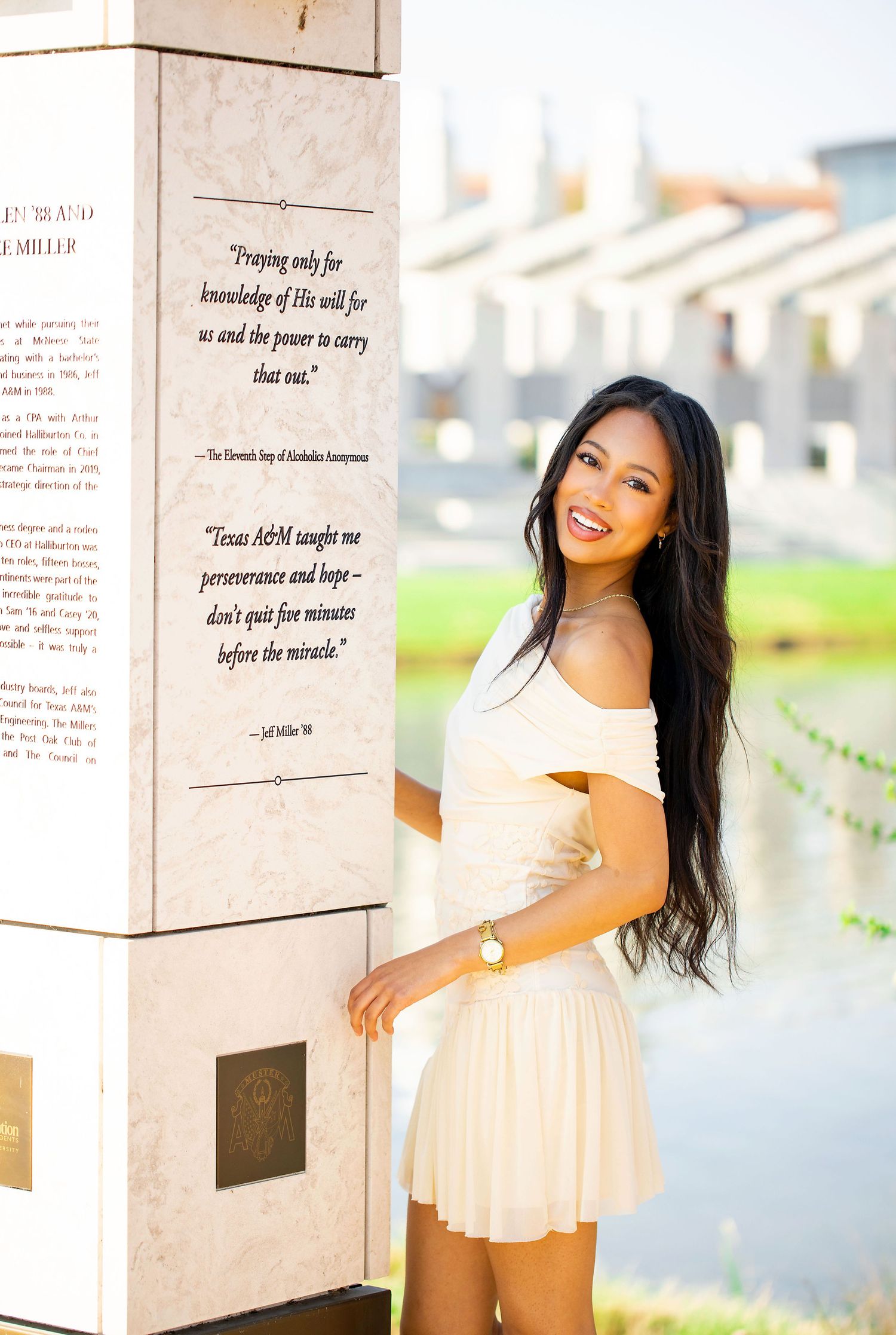 Artistic graduation photos with text overlays feature white dress against waterfront setting.