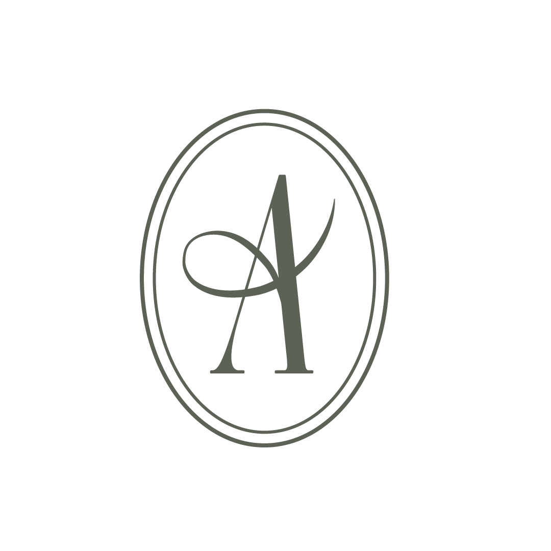 Gray circular logo design featuring an elegant letter A with thin borders.