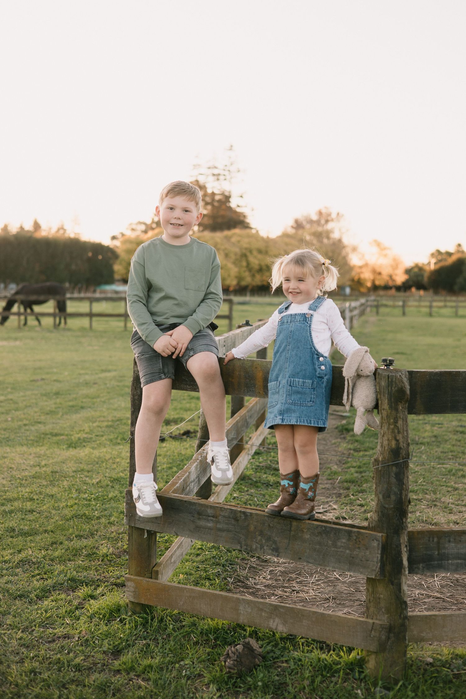 Two children standing on a wooden fence in a pastoral field during golden hour.