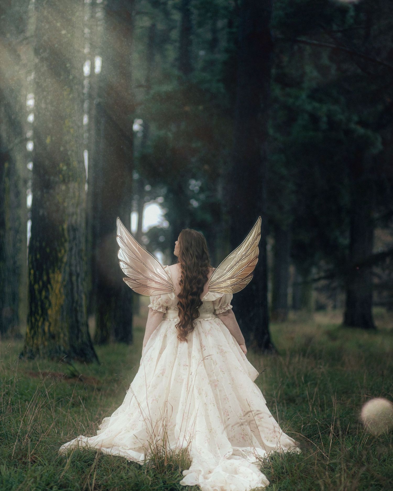 Ethereal figure in white dress with angel wings poses gracefully in misty forest setting.