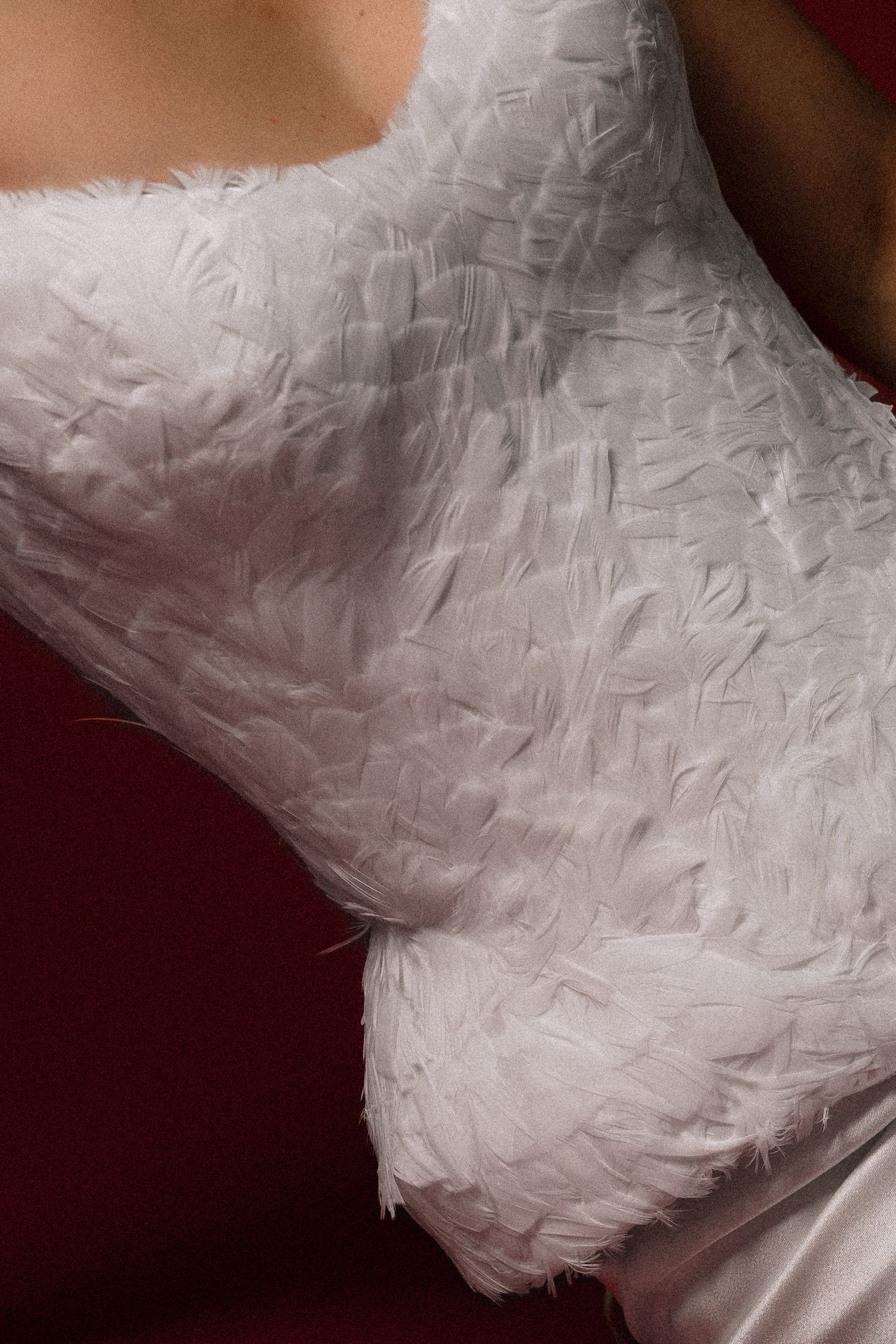 Close-up of a white feather corset bodice dress against a deep red background.