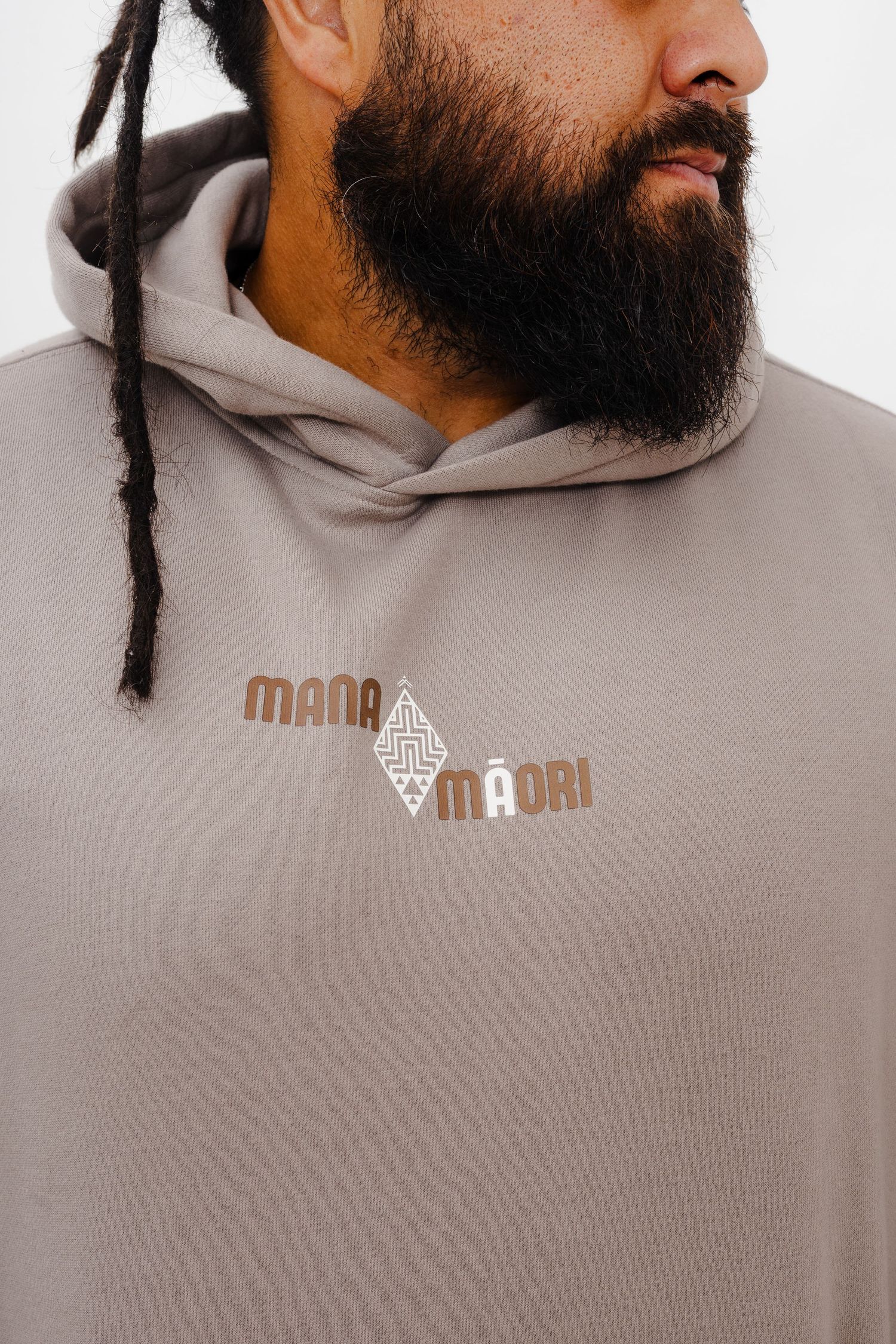 Close-up view of a gray hoodie with Mana logo design shown from different angles on a white background.