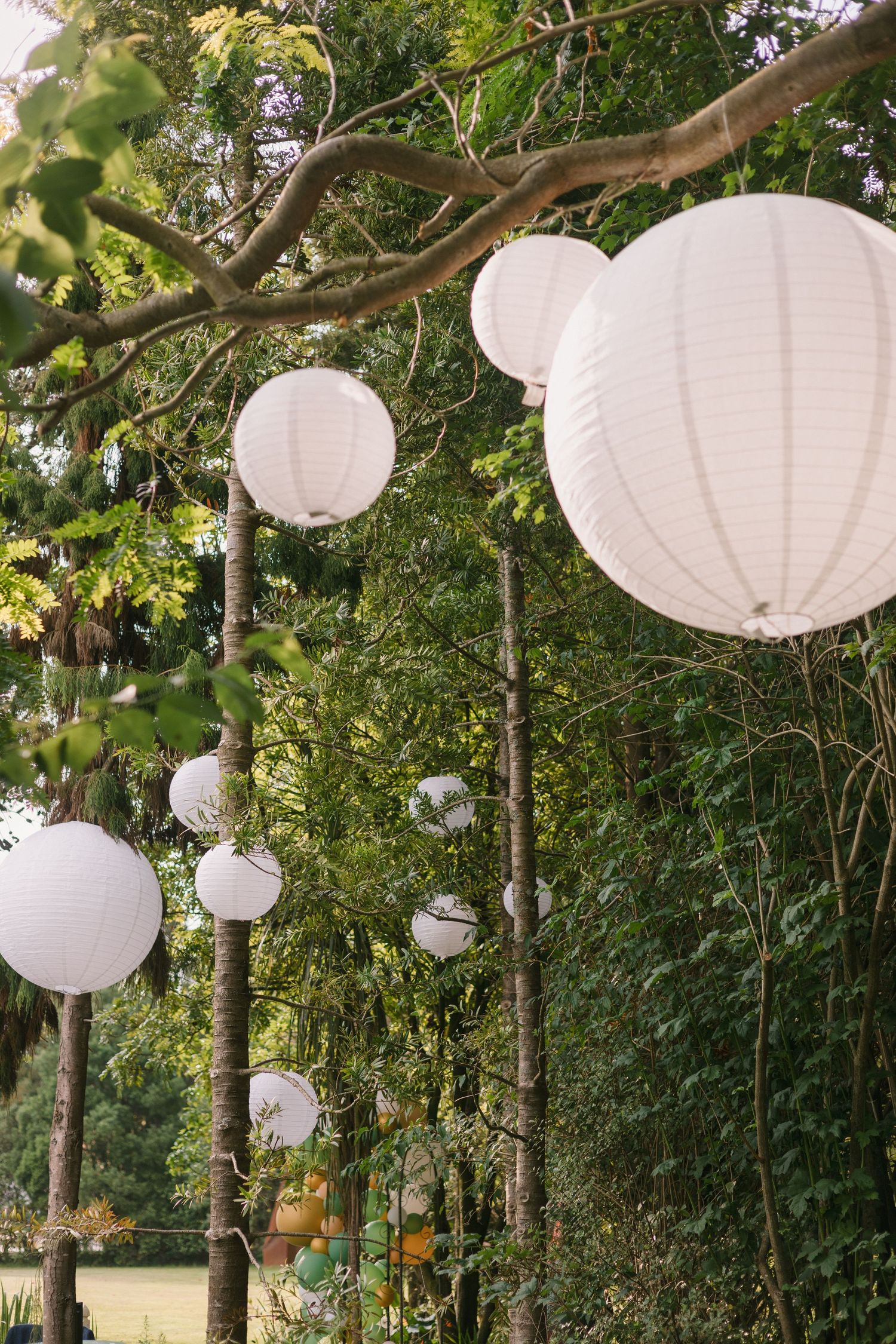 White paper lanterns hanging from tree branches create an ethereal outdoor party atmosphere.