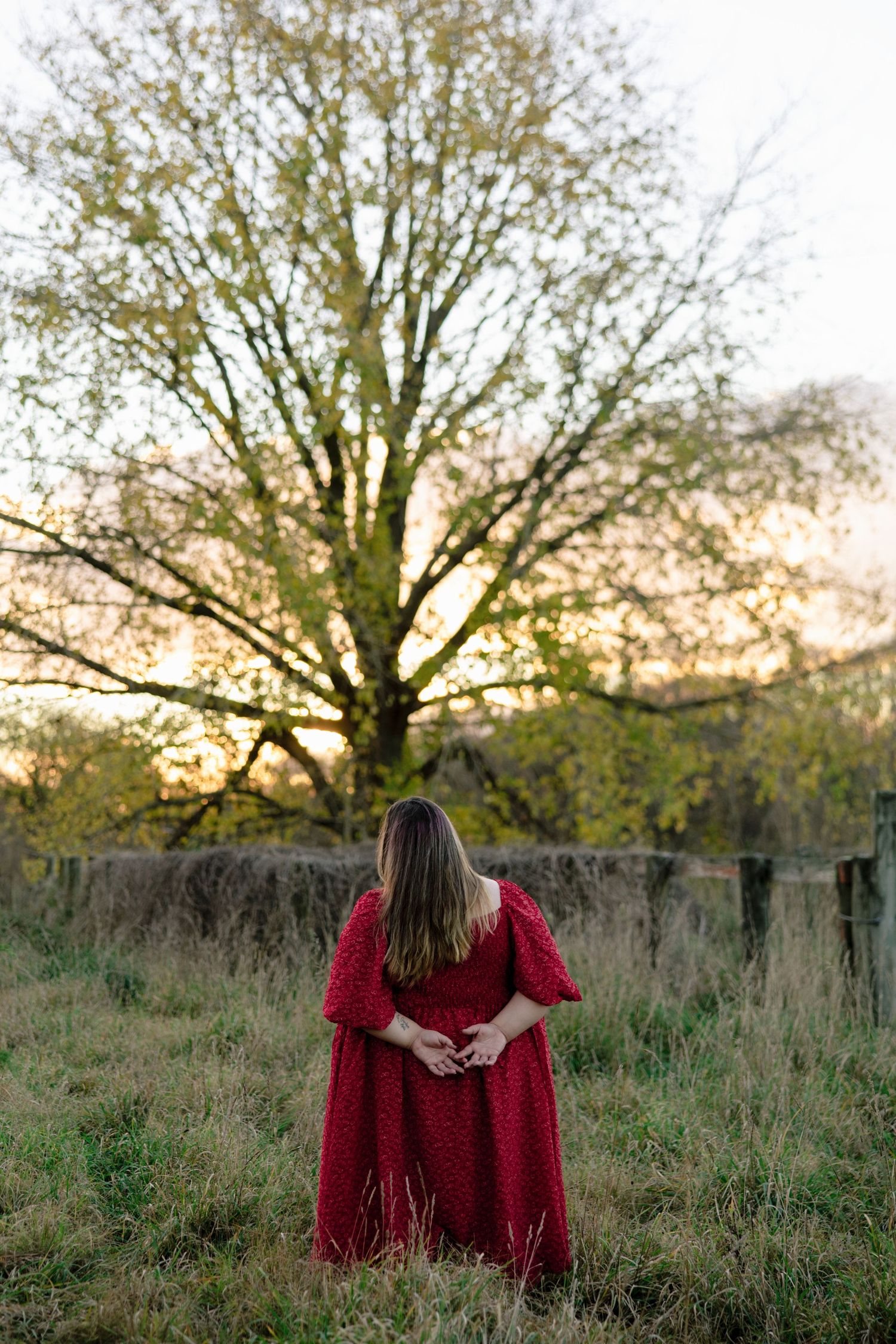 Woman in red dress stands in grassy field before large tree at golden sunset.