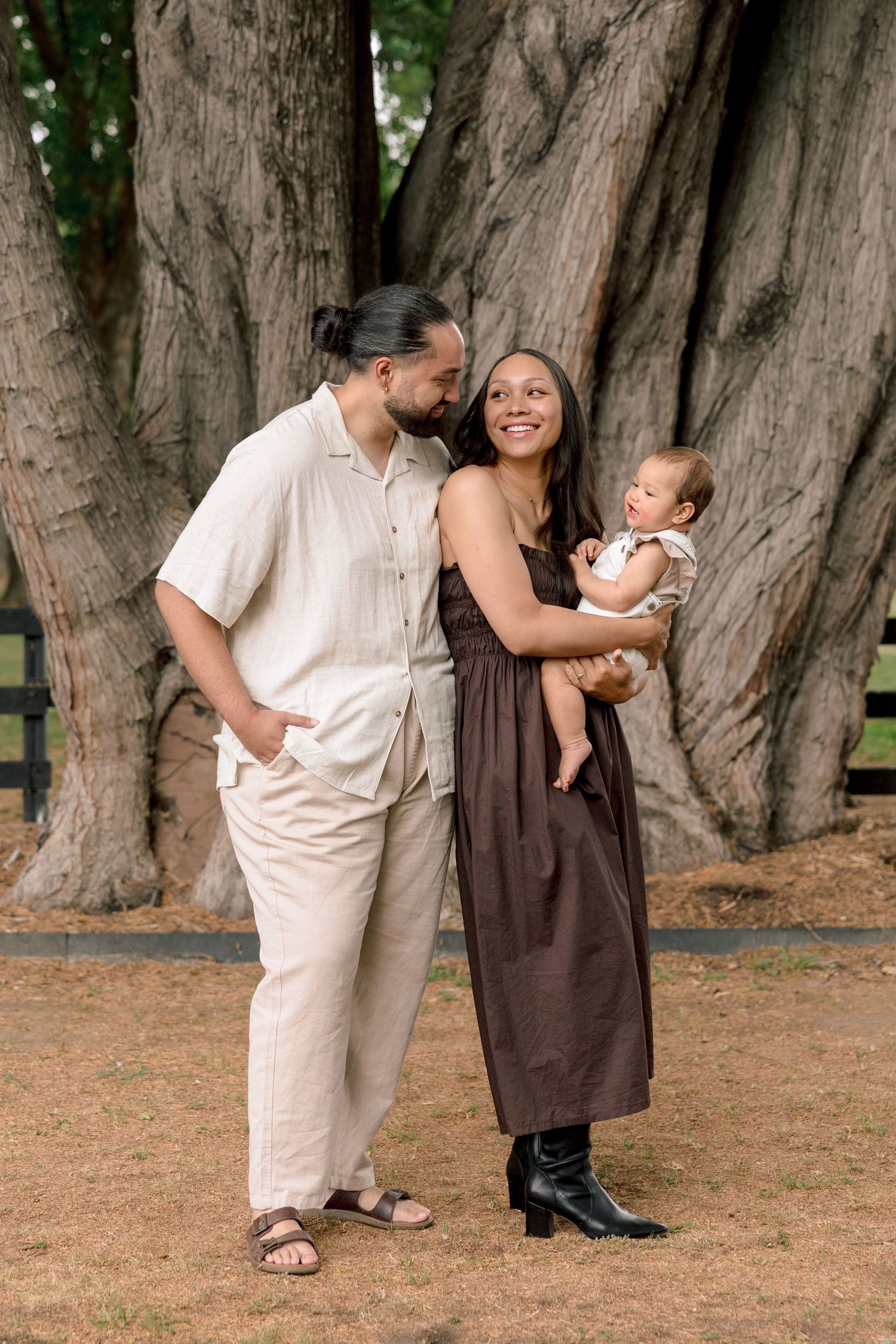 A series of four candid moments showing a couple in light and dark clothing embracing near large tree trunks outdoors.