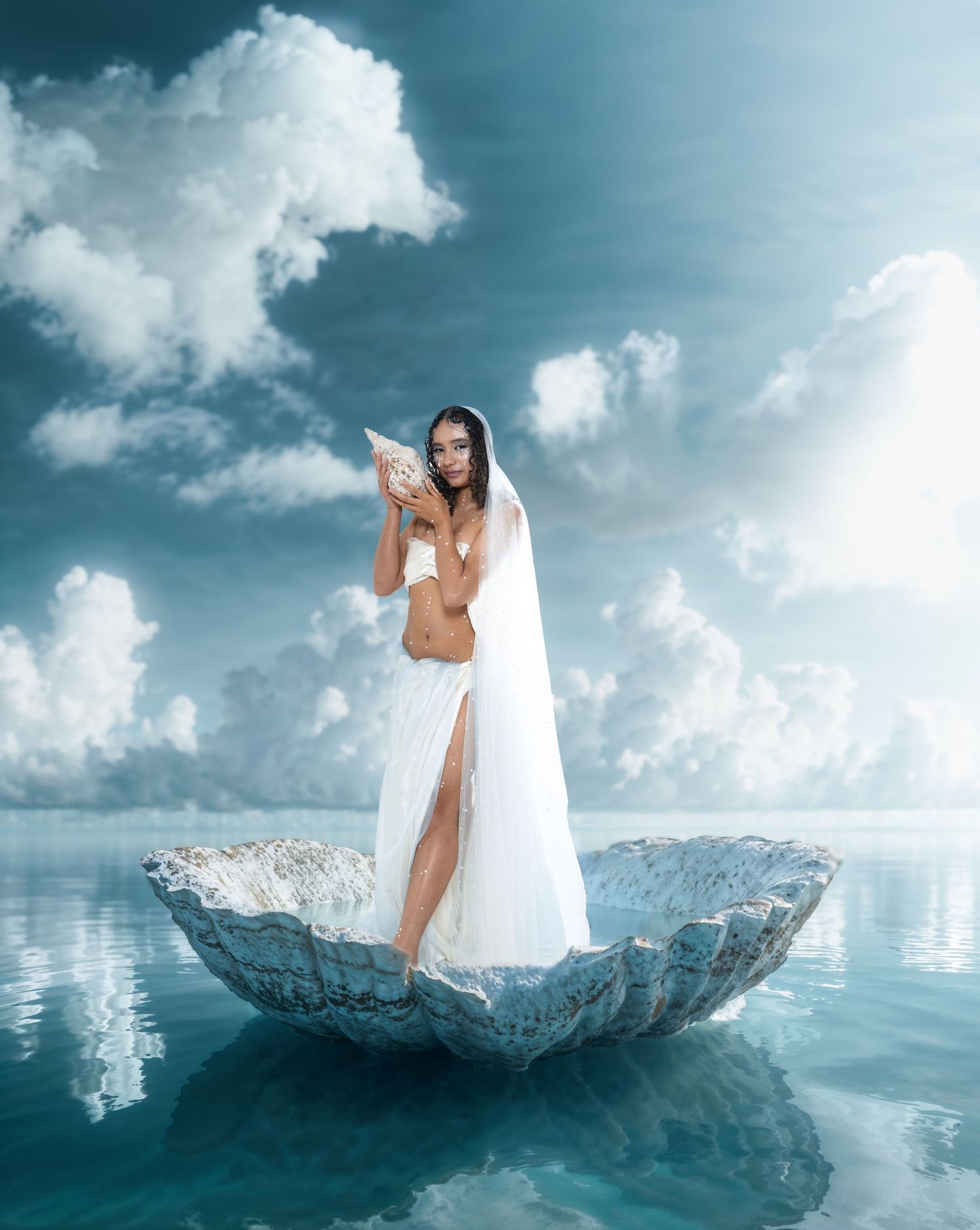A figure in a white dress poses gracefully in a giant oyster shell on a surreal turquoise ocean under cloudy skies.
