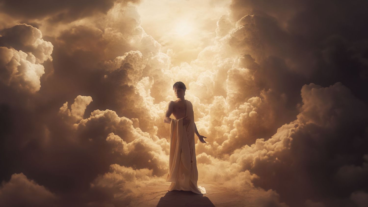 A woman in a golden dress stands on a rock surrounded by dramatic glowing clouds in a heavenly, ethereal sky scene.