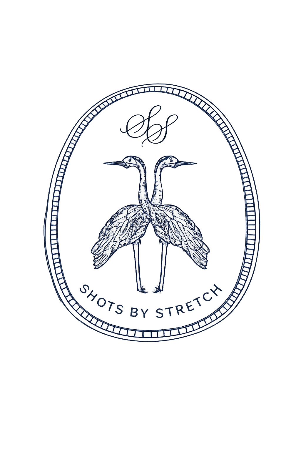 Elegant oval logo for Shots by Stretch featuring two herons and monogram initials in navy blue.