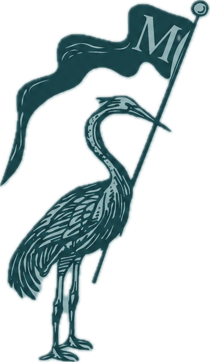 A teal heron illustration holding a flagpole with an M flag, rendered in a vintage engraving style.