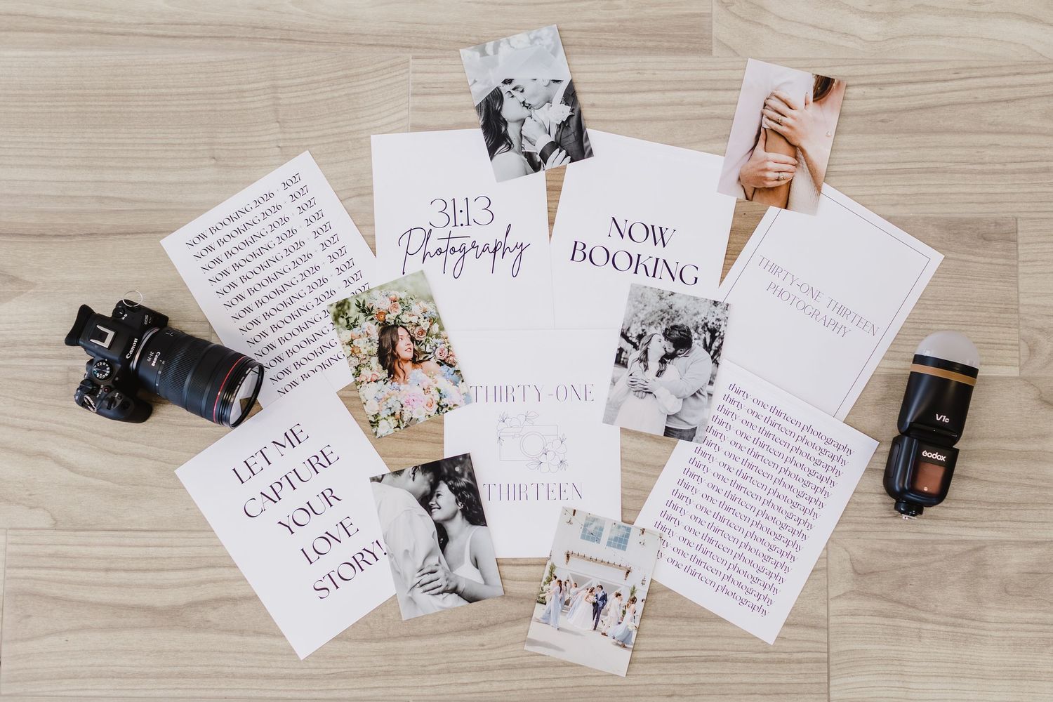 Flat lay of 3B3 Photography marketing cards and brochures with cameras on a wooden surface, showcasing wedding photography services.