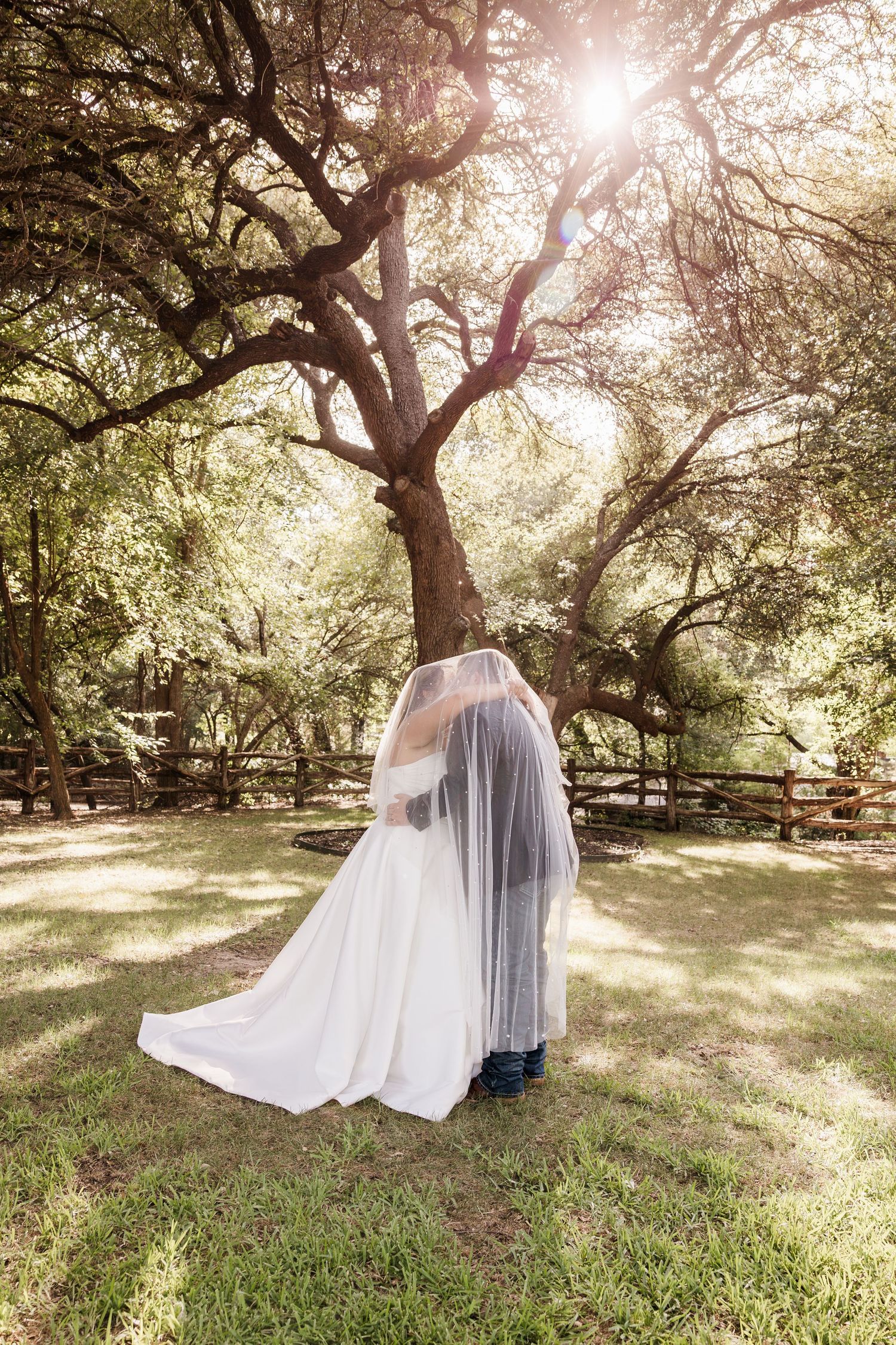 Bride and groom share a kiss under a veil outdoors, surrounded by lush trees with sunlight filtering through.