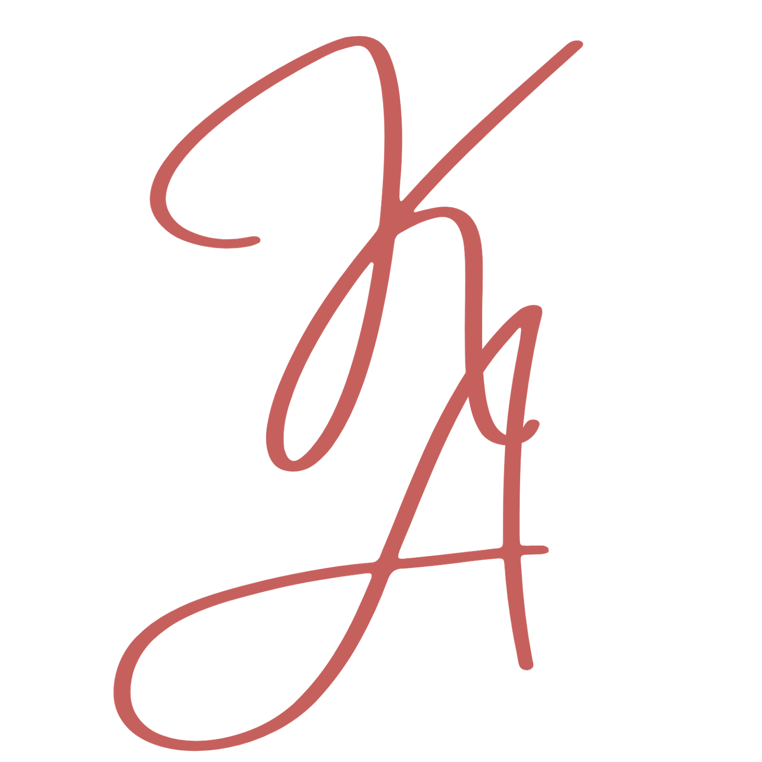 A red cursive signature or monogram design on white background.