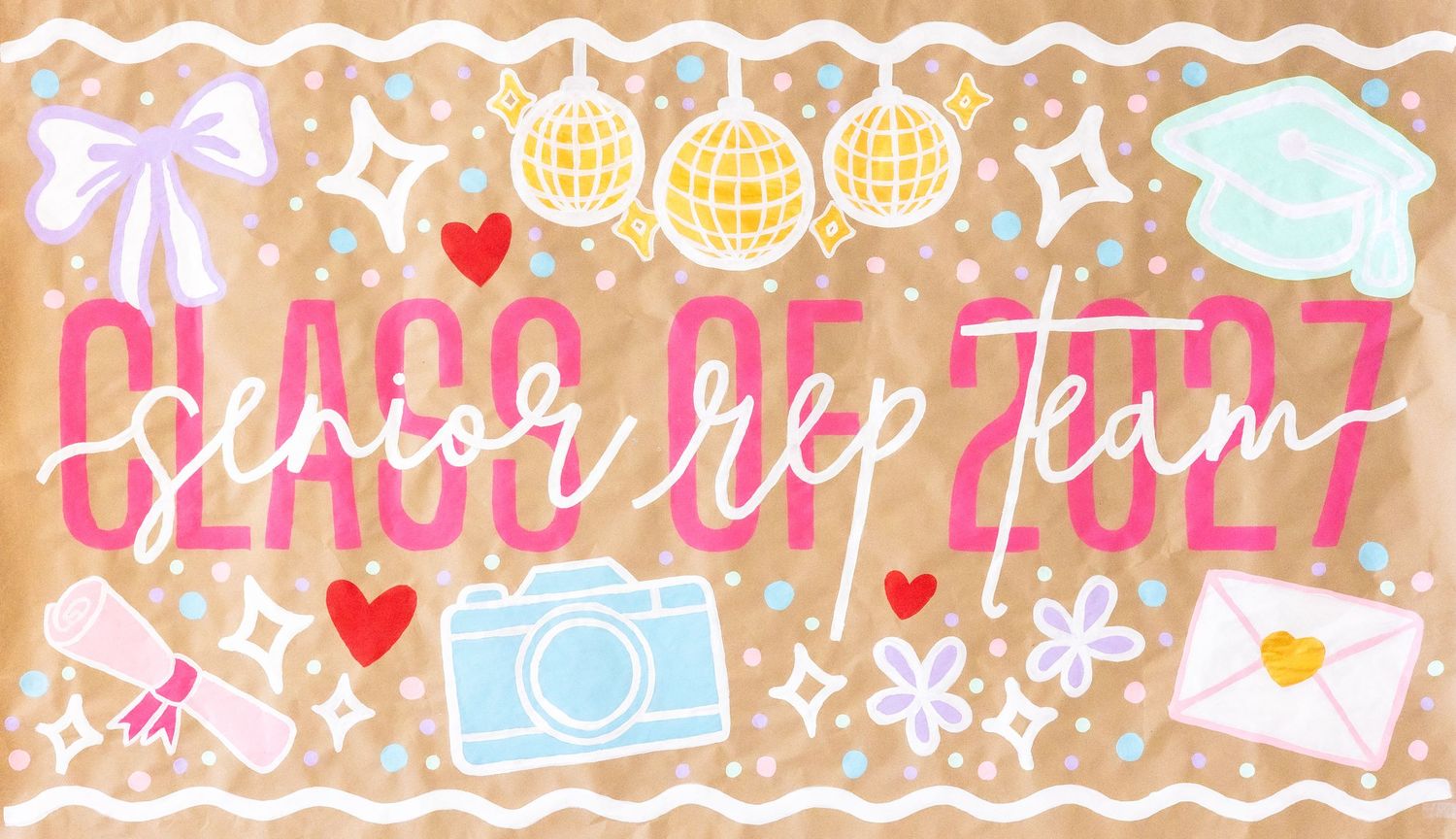 Colorful illustrated banner with pink text and decorative elements featuring hearts, flowers, and doodles on a brown background.