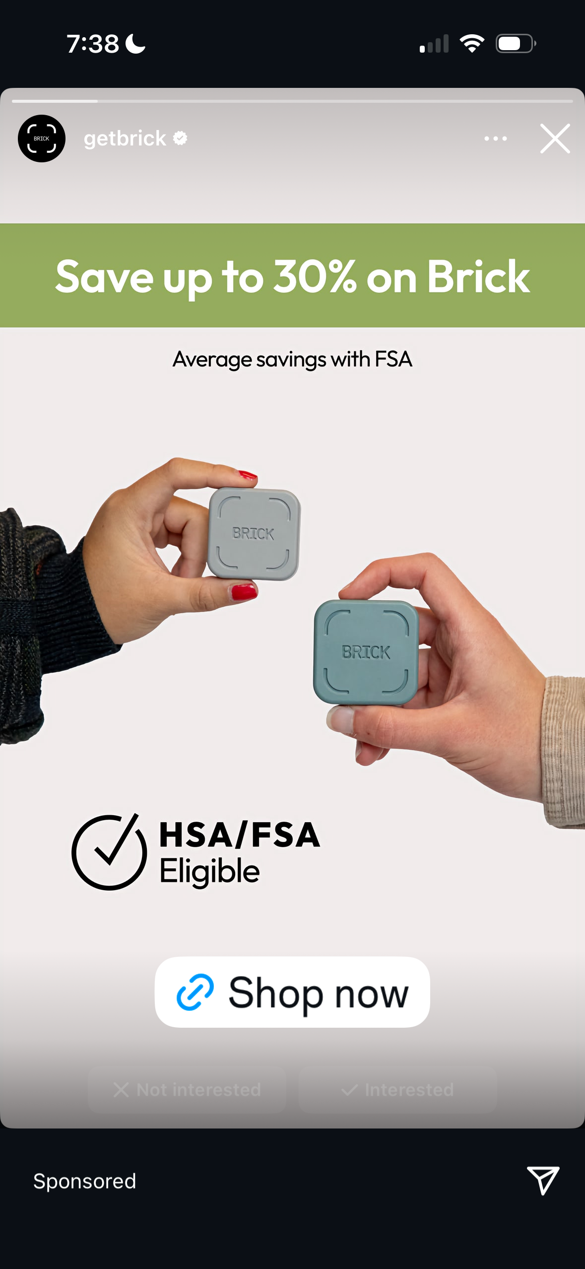 Brick device HSA/FSA eligible health tracker shown in two hands, save up to 30% with FSA average savings.