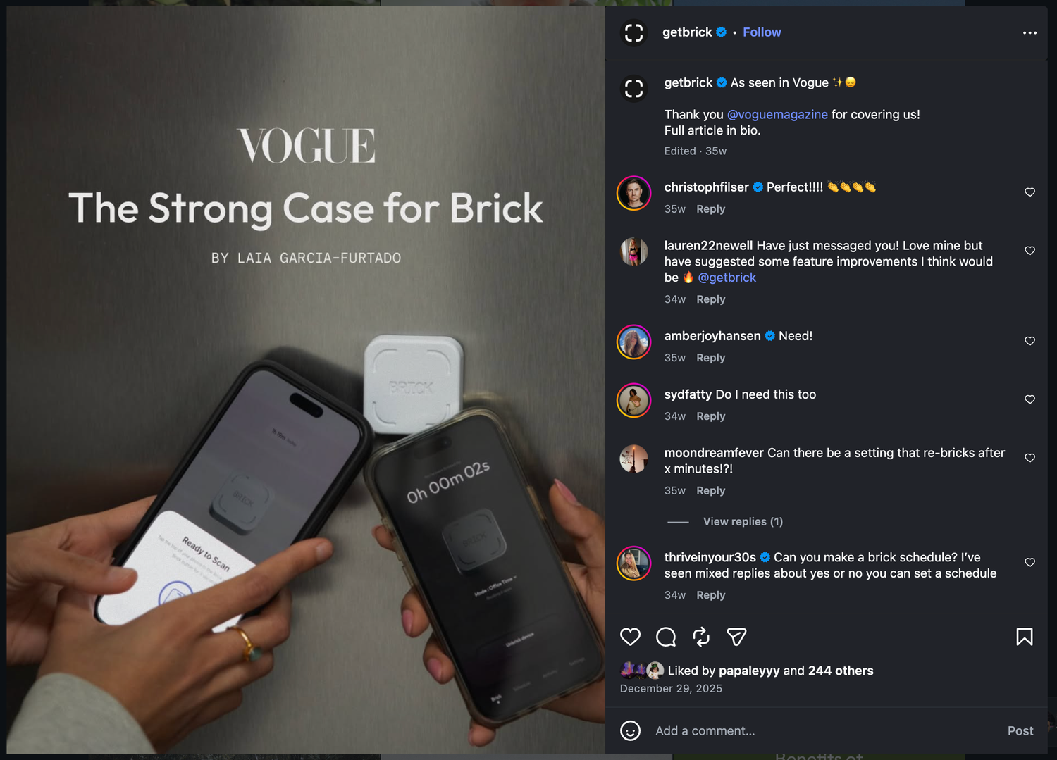 Instagram post featuring Vogue article titled The Strong Case for Brick, showing hands holding smartphones with comments visible.