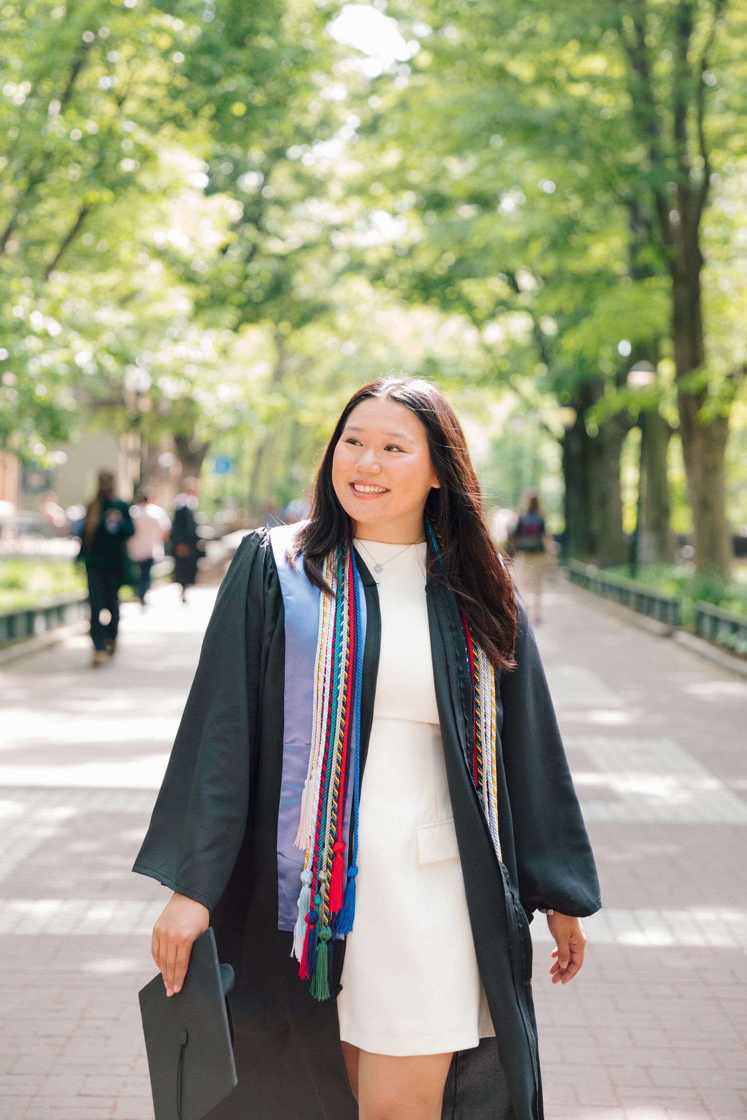 Graduate in cap and gown walks along tree-lined campus path wearing graduation stole and sash.