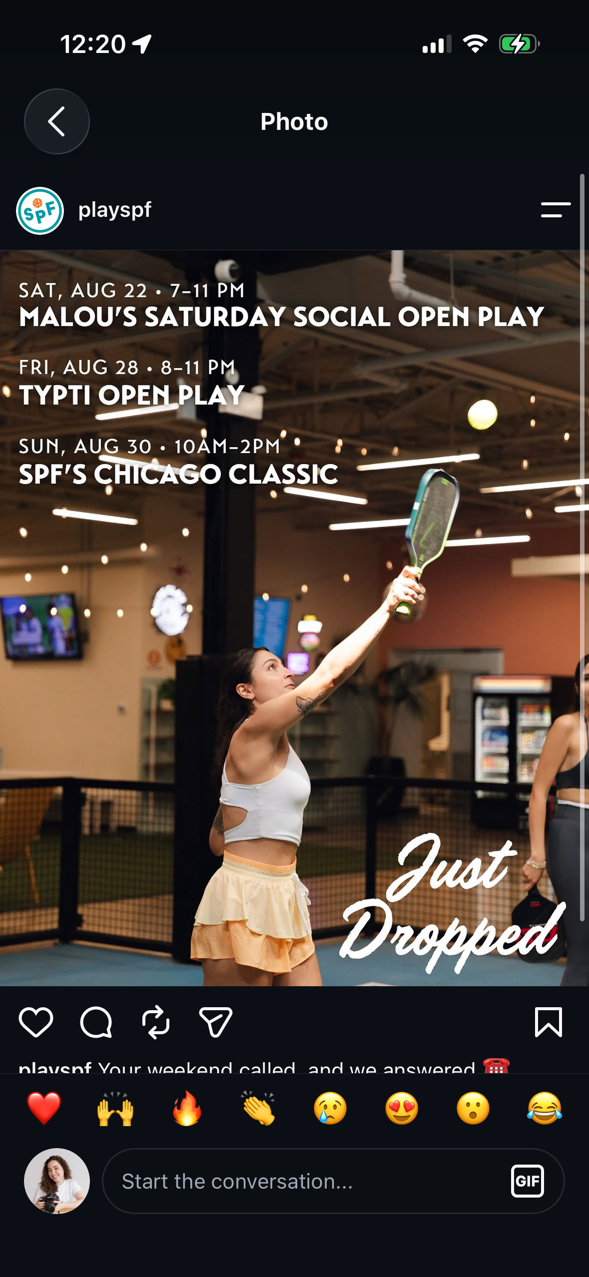 Woman playing pickleball indoors at SPF Chicago Classic event, promotional flyer for August 2020 open play sessions.