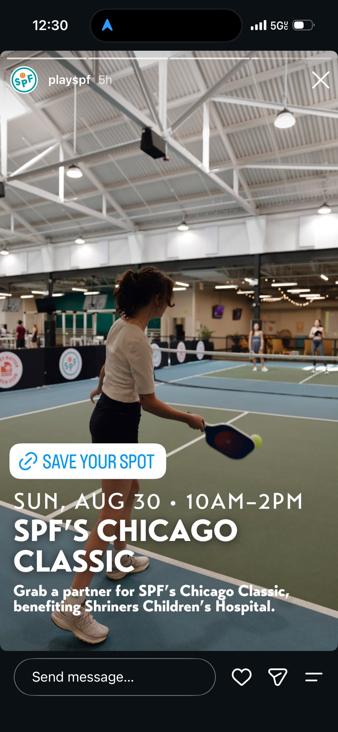 Indoor pickleball event at SPF Chicago Classic on Aug 30, 10AM-2PM, benefiting Shriners Children's Hospital.