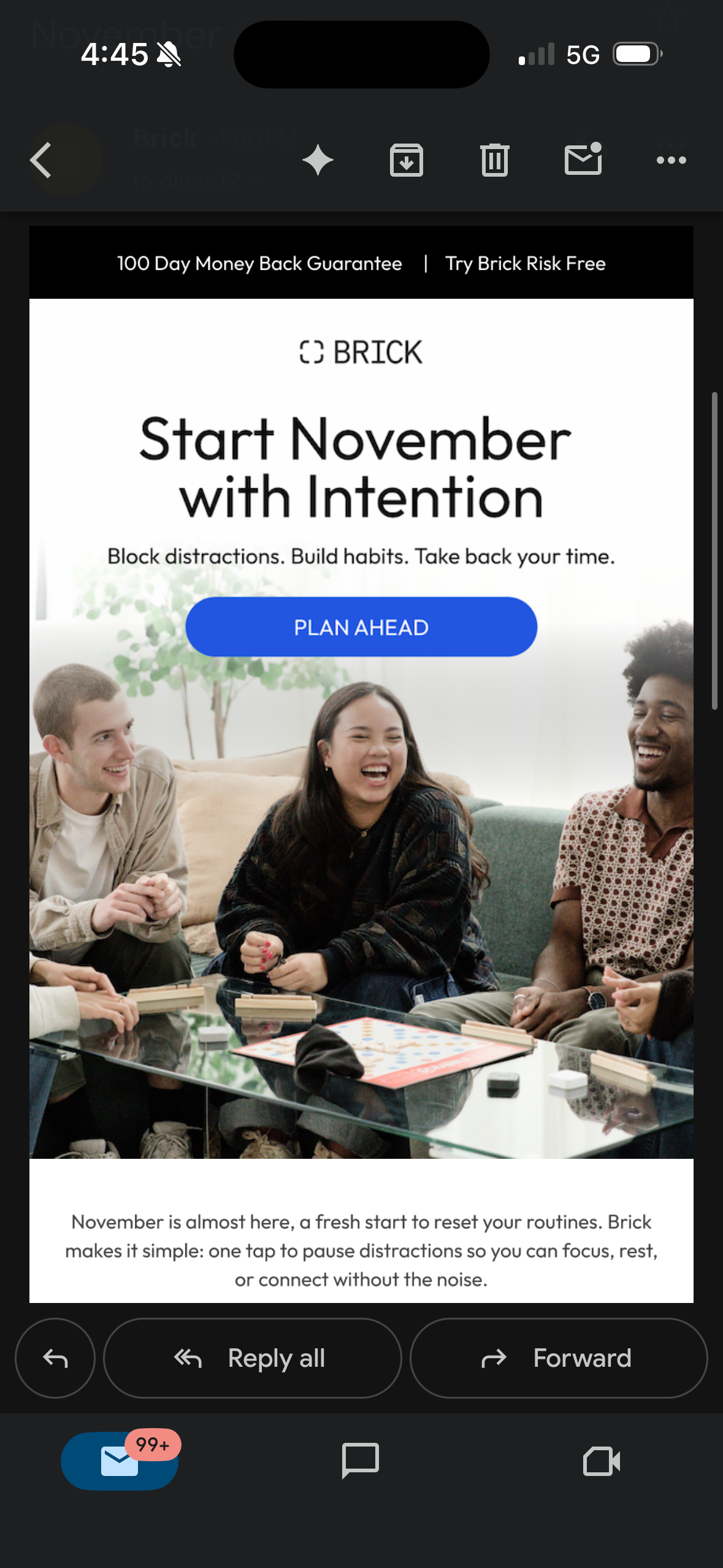Three friends laugh together on a couch in a Brick app email ad promoting distraction-free focus habits for November.