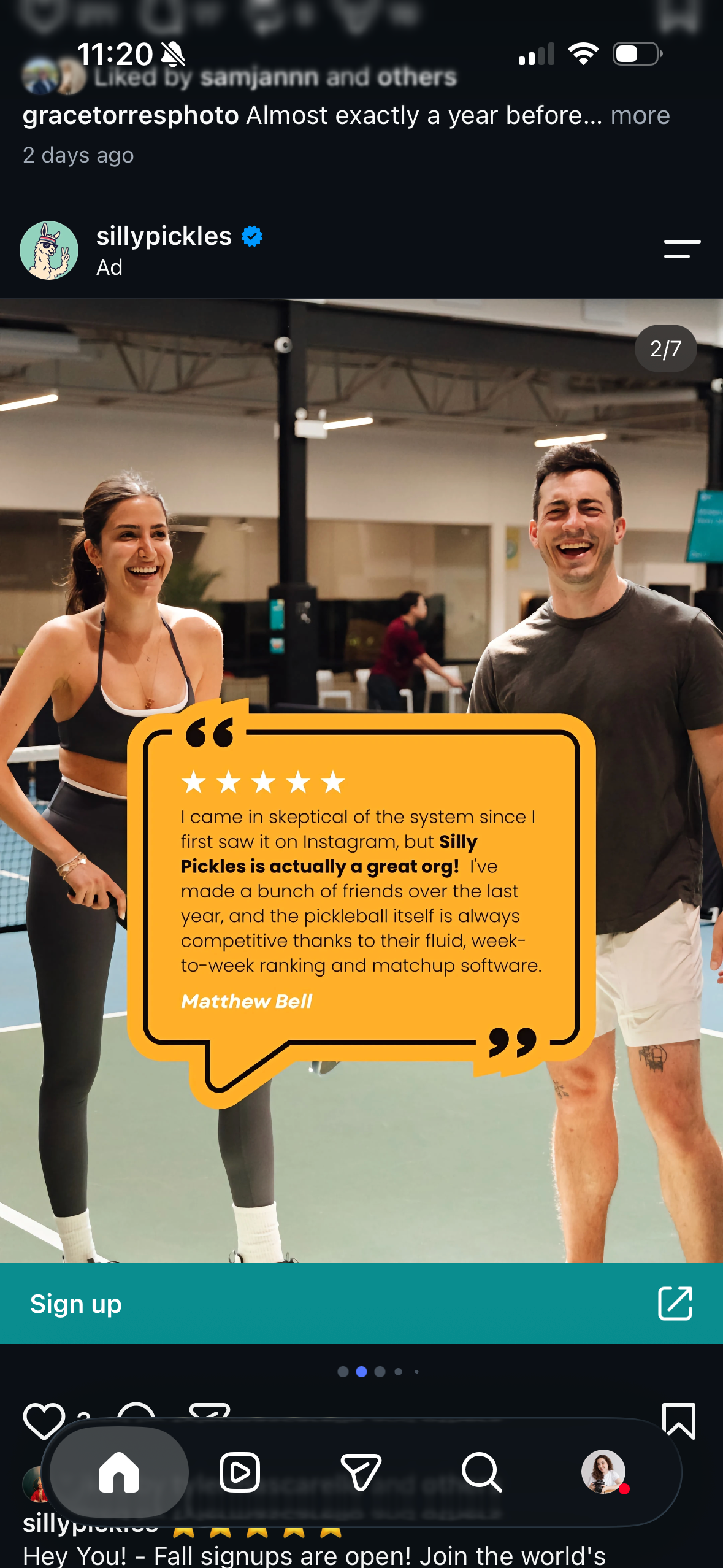 Two smiling people on a pickleball court in a Silly Pickles ad featuring a 5-star review from Matthew Bell.