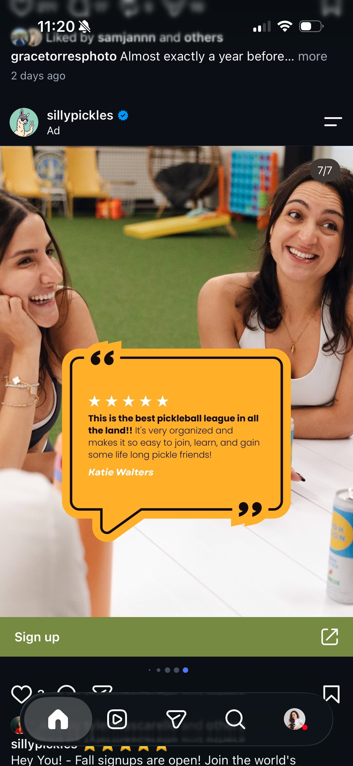 Two women smiling at a pickleball league ad with a 5-star review quote on Instagram from sillypickles.