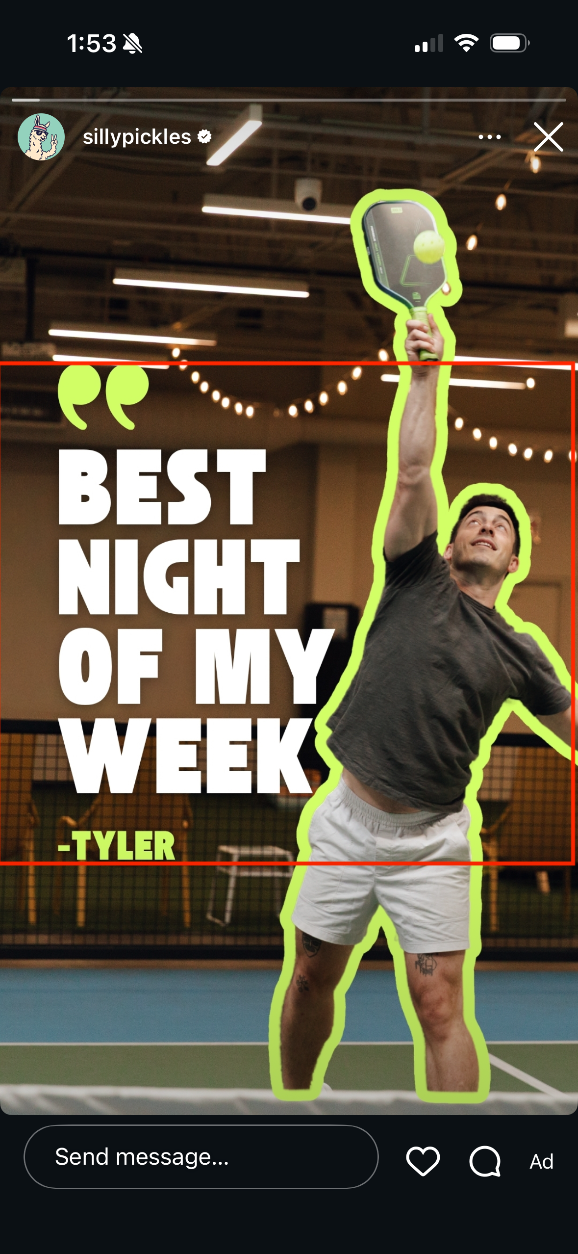 Man playing pickleball mid-serve at indoor court with bold text reading Best Night of My Week by Tyler.